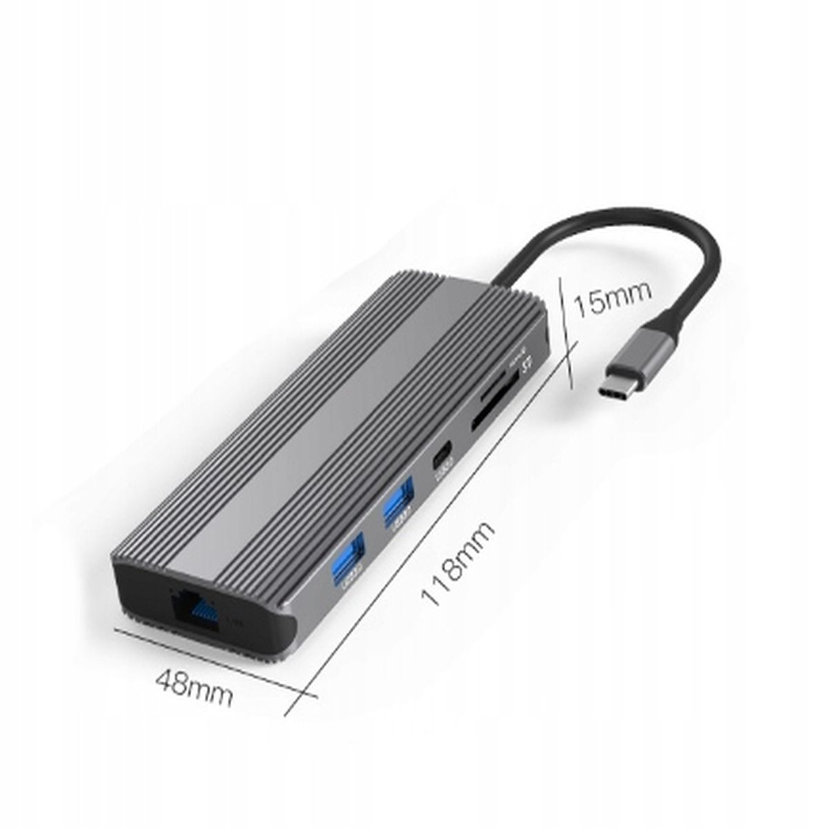 Srebrny hub USB z wieloma portami i złączem USB-C, ze wskazanymi wymiarami.