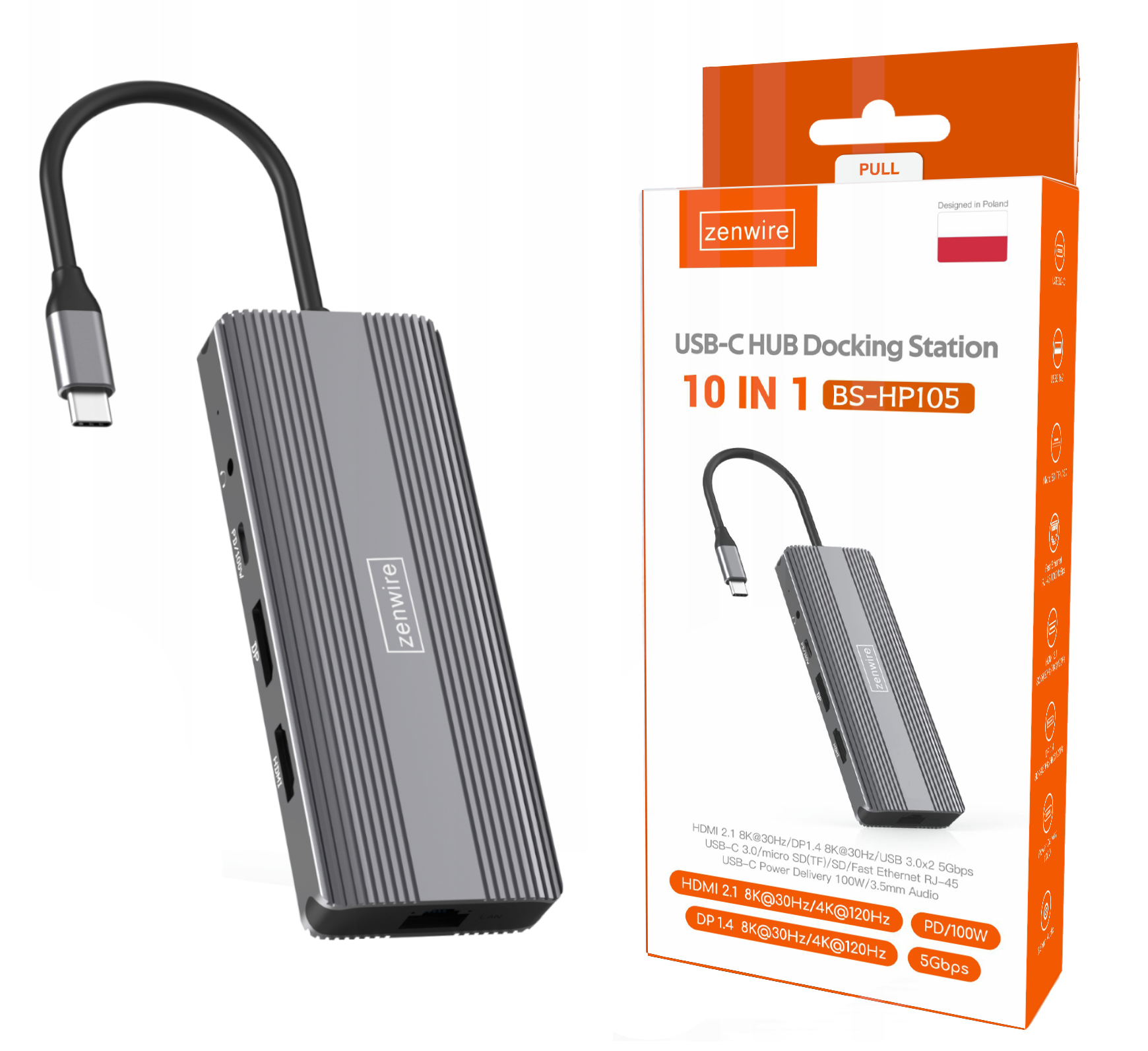 Srebrny koncentrator USB-C z czarnym kablem i jego opakowaniem po prawej stronie, przejrzysty i czysty.
