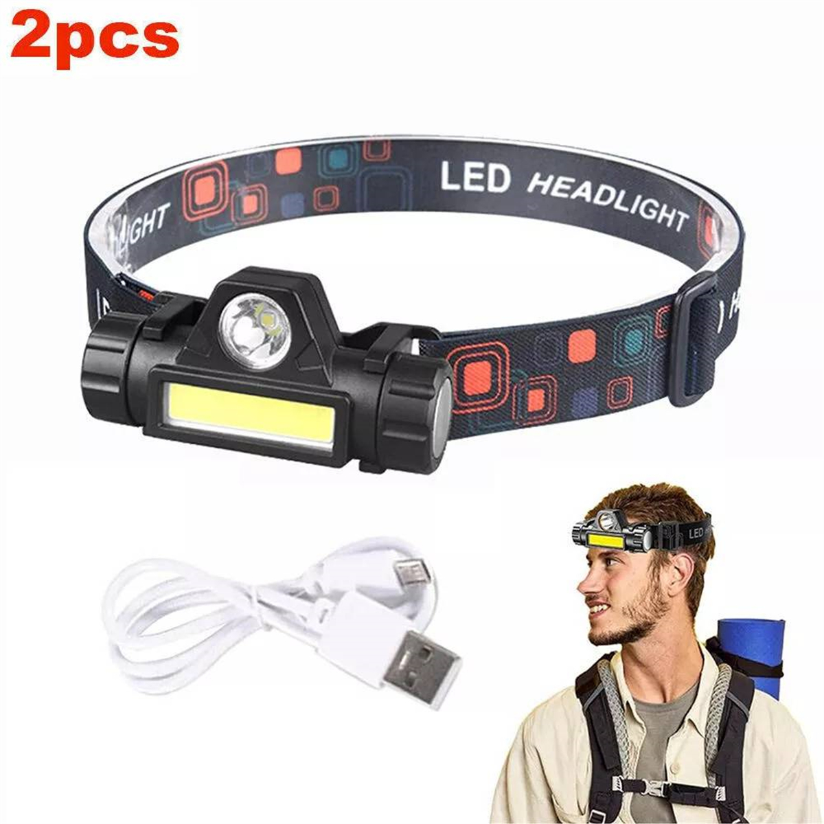 Stirnlampe mit einem Mann, der sie trägt. USB-Kabel enthalten. Schwarz-rotes Band.