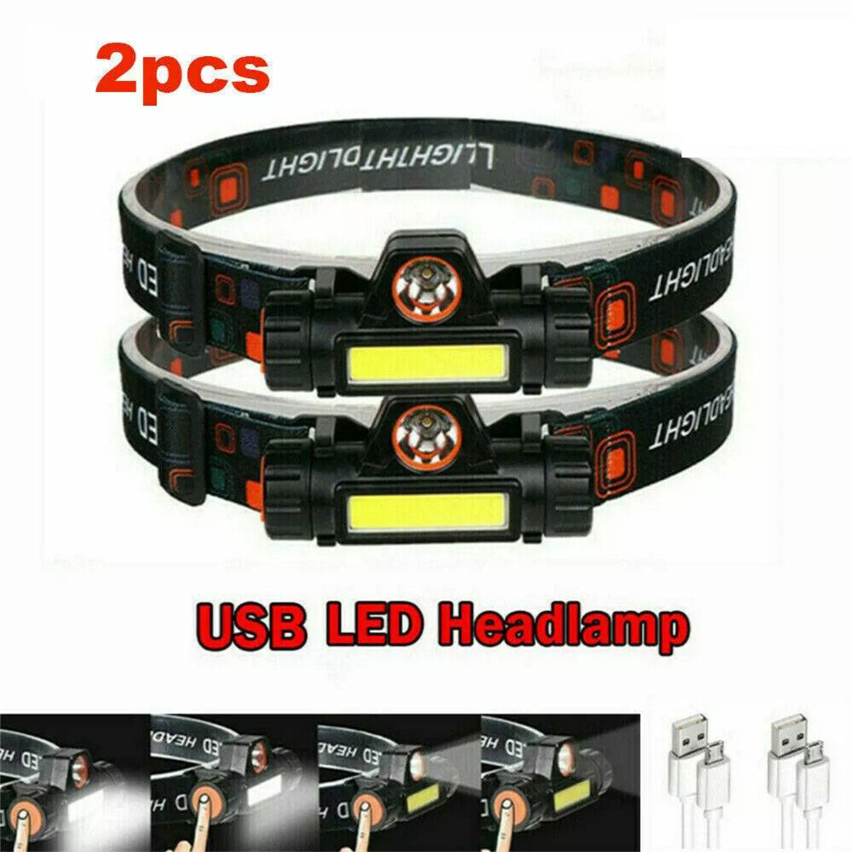 Zwei USB-LED-Stirnlampen mit verstellbaren Riemen. Mit hellen Lichtern und USB-Aufladung.