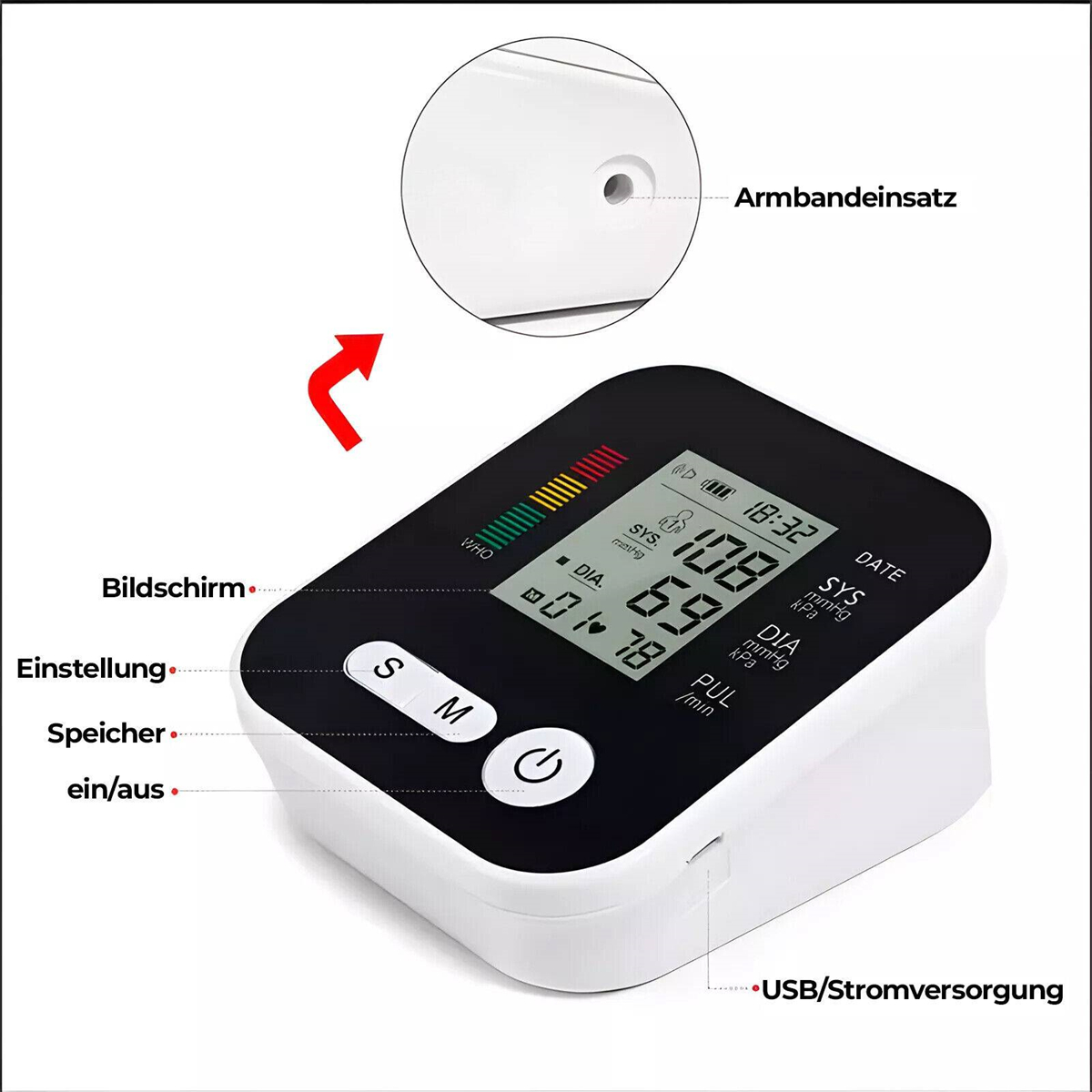 Ein weißes Blutdruckmessgerät. Das Display zeigt Werte von 108/69 an. USB-Anschluss an der Seite.