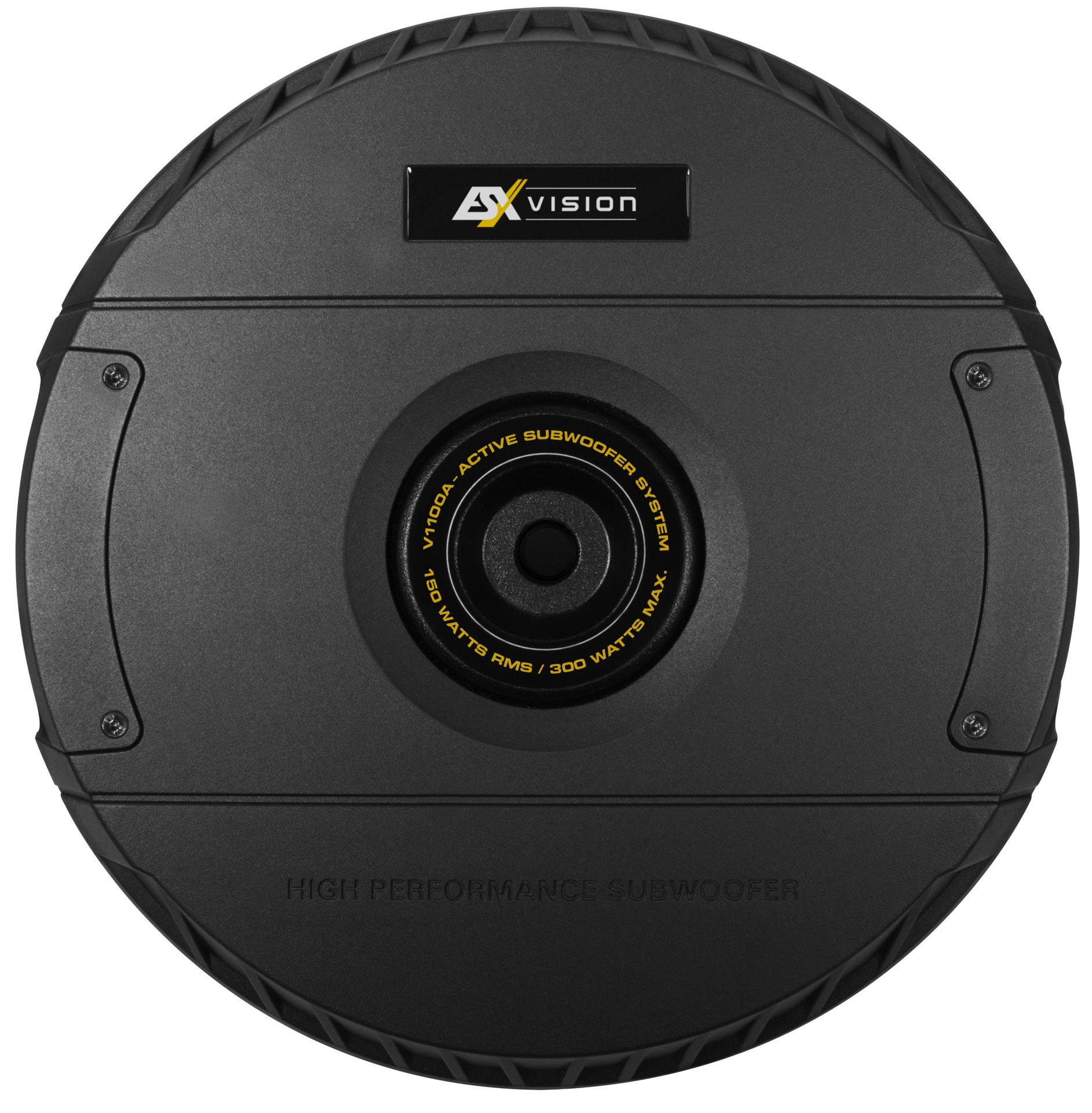 Schwarzer Subwoofer mit Branding, einem zentralen Lautsprecher und dem Text High Performance Subwoofer.