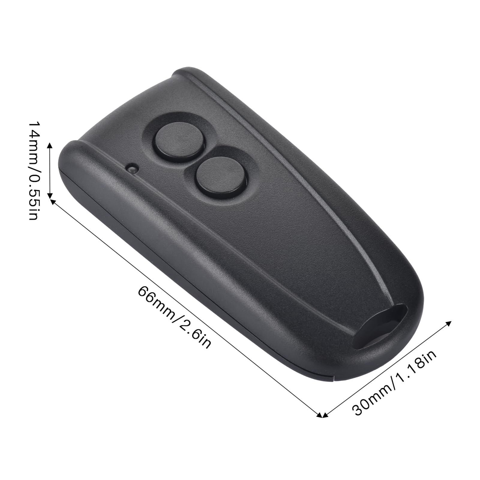 Schwarze Fernbedienung mit zwei Tasten und Abmessungen. 66 mm lang, 30 mm breit.