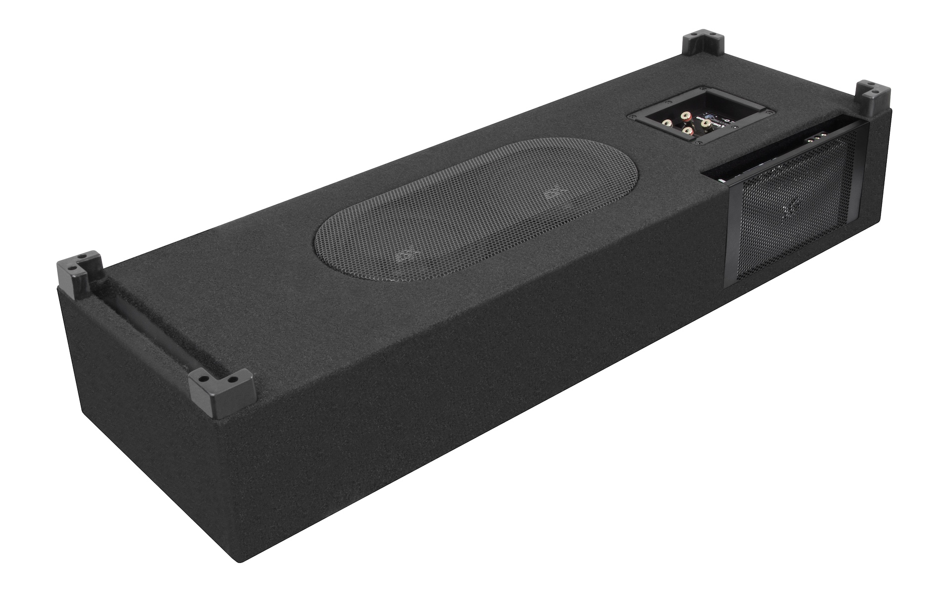 Ein schwarzer Subwoofer mit Lautsprecher und Eingängen. Er ist rechteckig geformt.