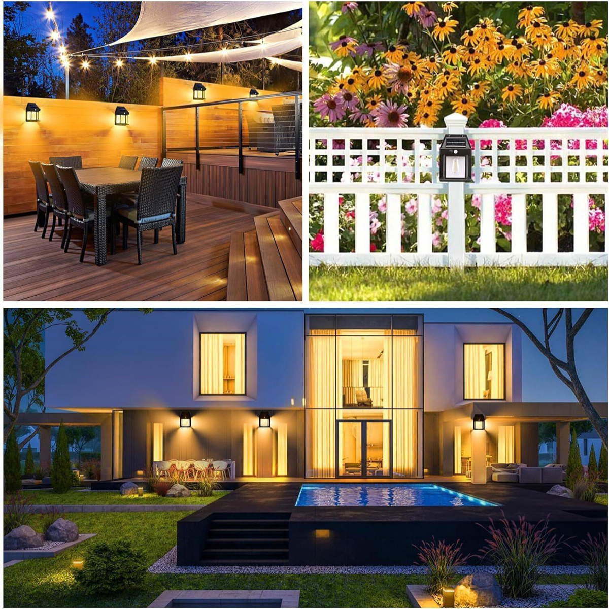 Eine Collage von Außenszenen: eine Terrasse, ein Garten und ein modernes Haus mit Lichtern und einem Pool.