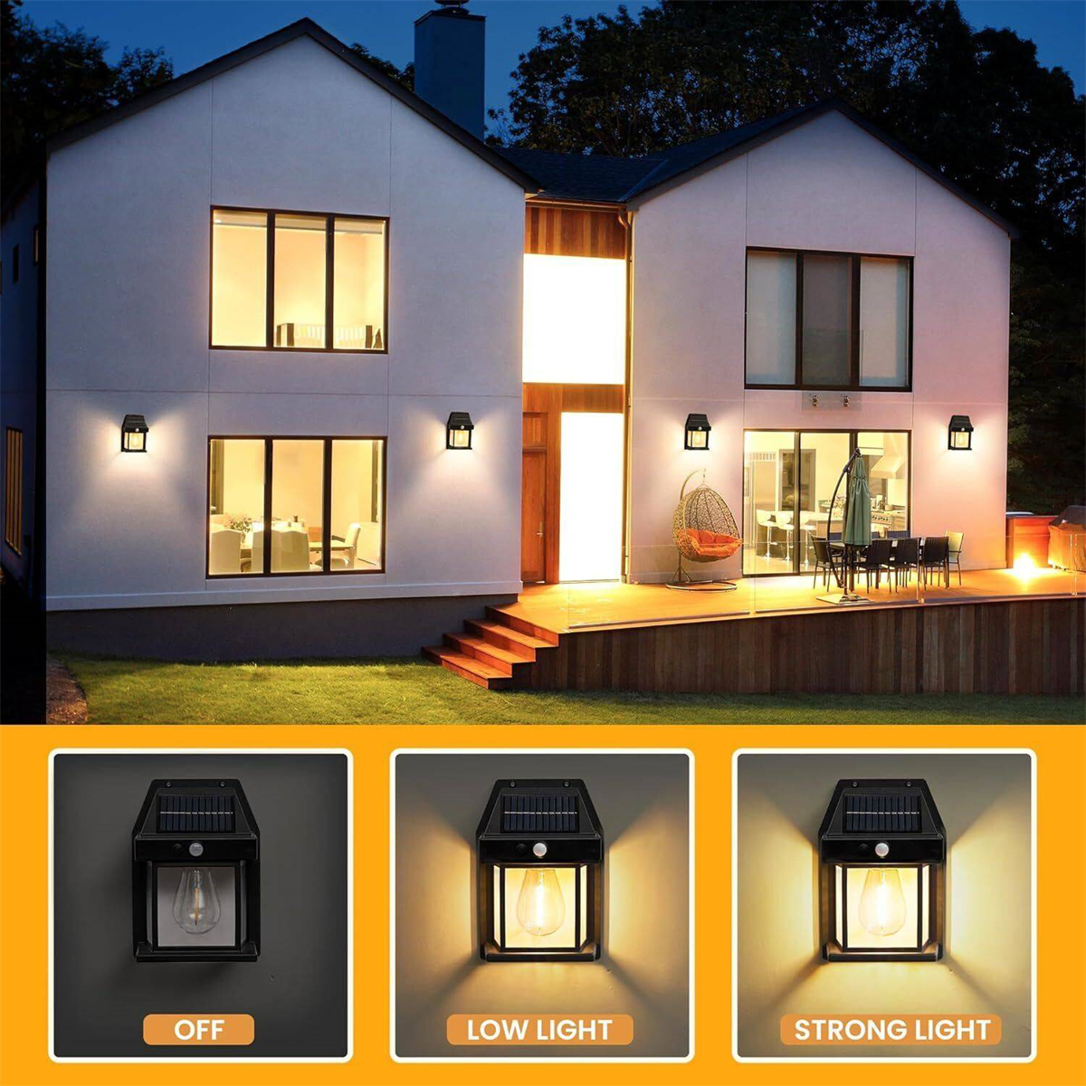 Ein modernes Haus von außen bei Nacht mit Solarleuchten in verschiedenen Modi.