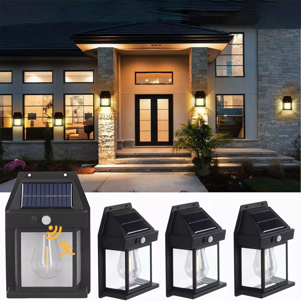 Außenansicht eines Hauses mit Solarleuchten und Bewegungssensoren an den Wänden.