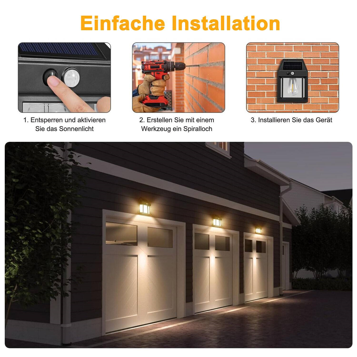 Installationsschritte für Solarlicht: Entsperren, Loch erstellen, an Garage installieren.