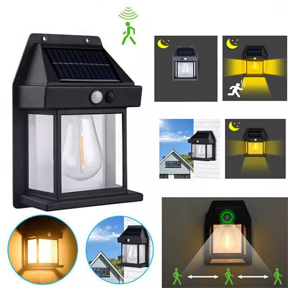 Solarbetriebene Außenleuchte mit Bewegungssensor, verschiedene Diagramme zeigen die Funktion und Beleuchtung.