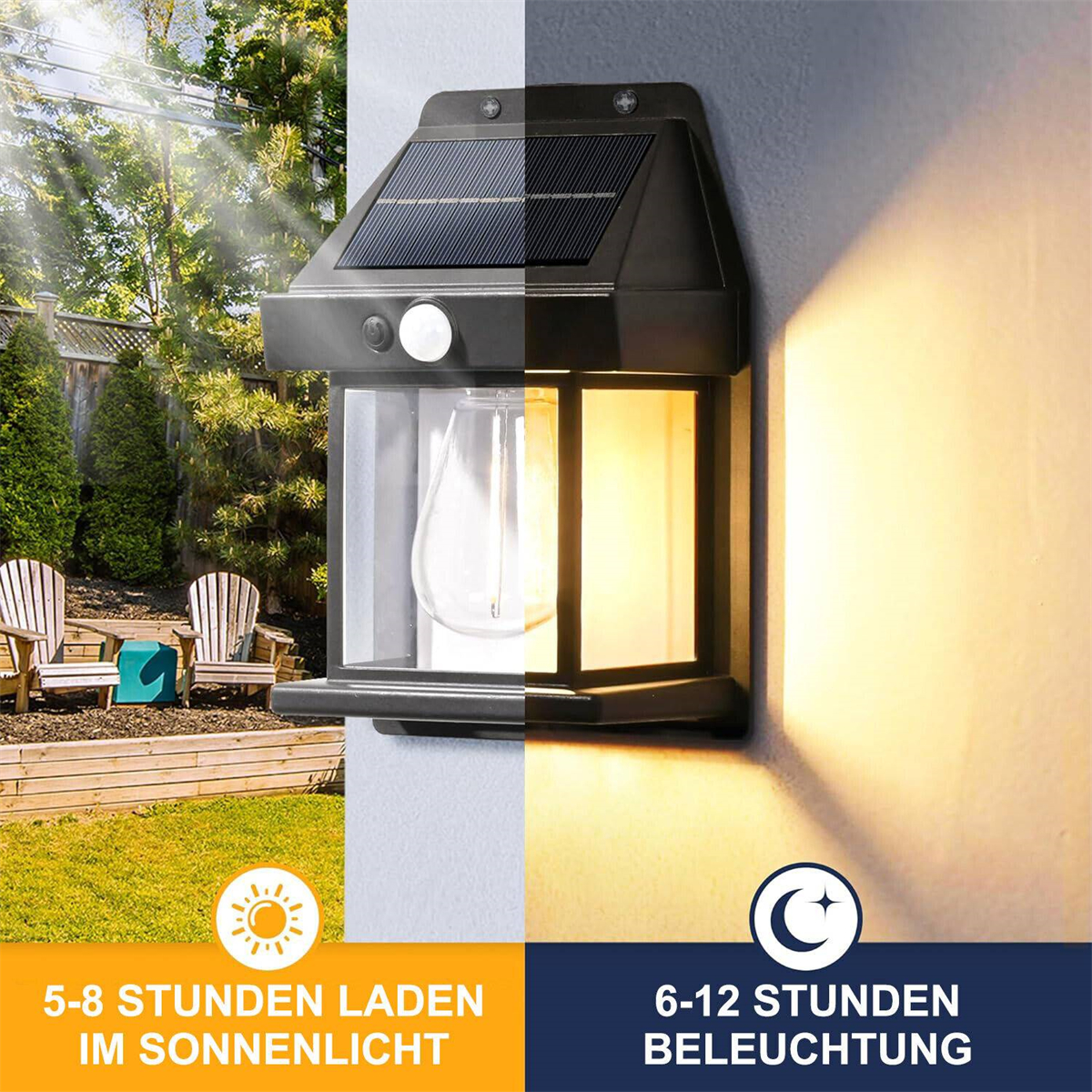 Eine Solar-Wandleuchte. Sie ist in Tag und Nacht aufgeteilt, mit Sonnen- und Mondsymbolen.