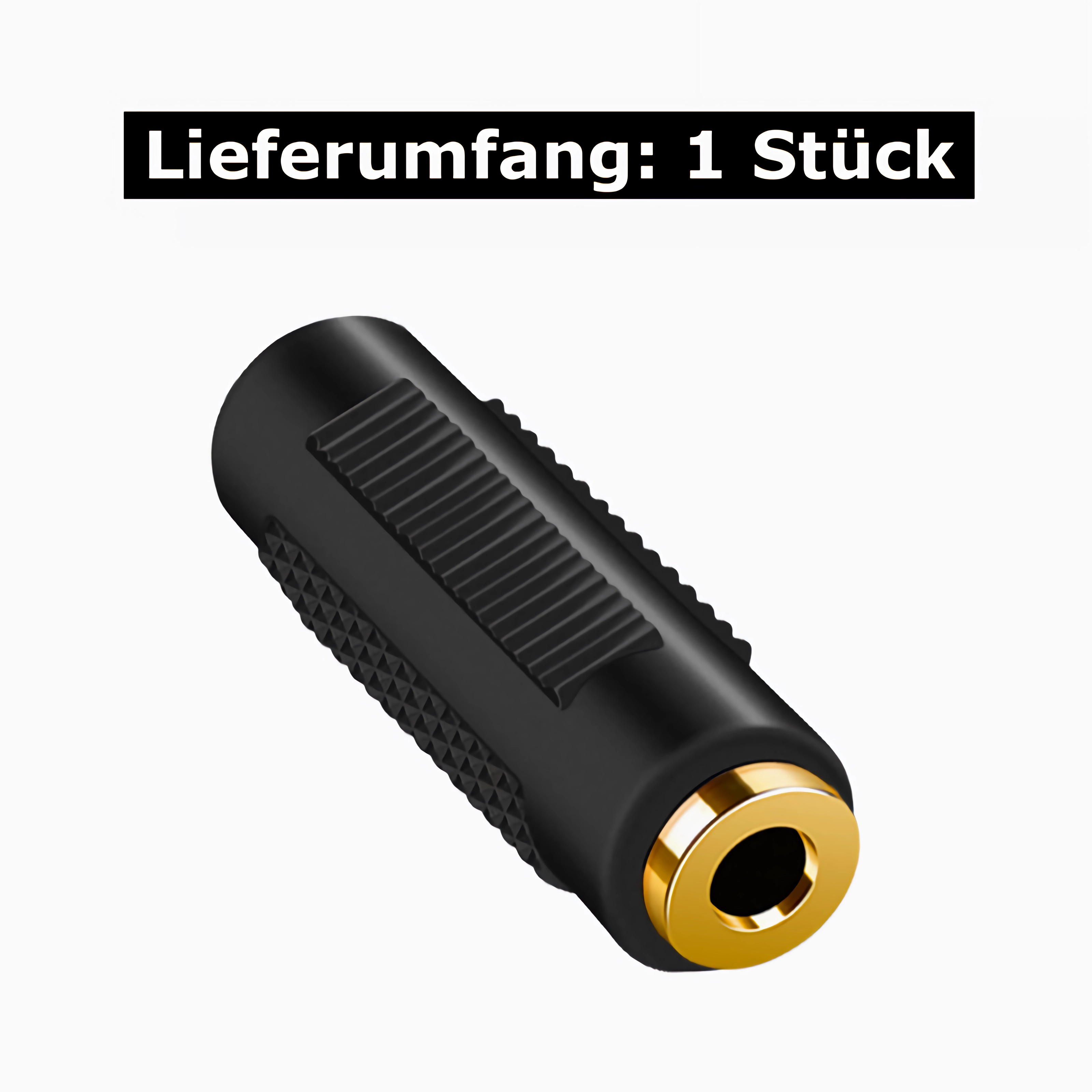 Schwarzer Audioadapter mit goldenem Ring auf weißem Hintergrund.