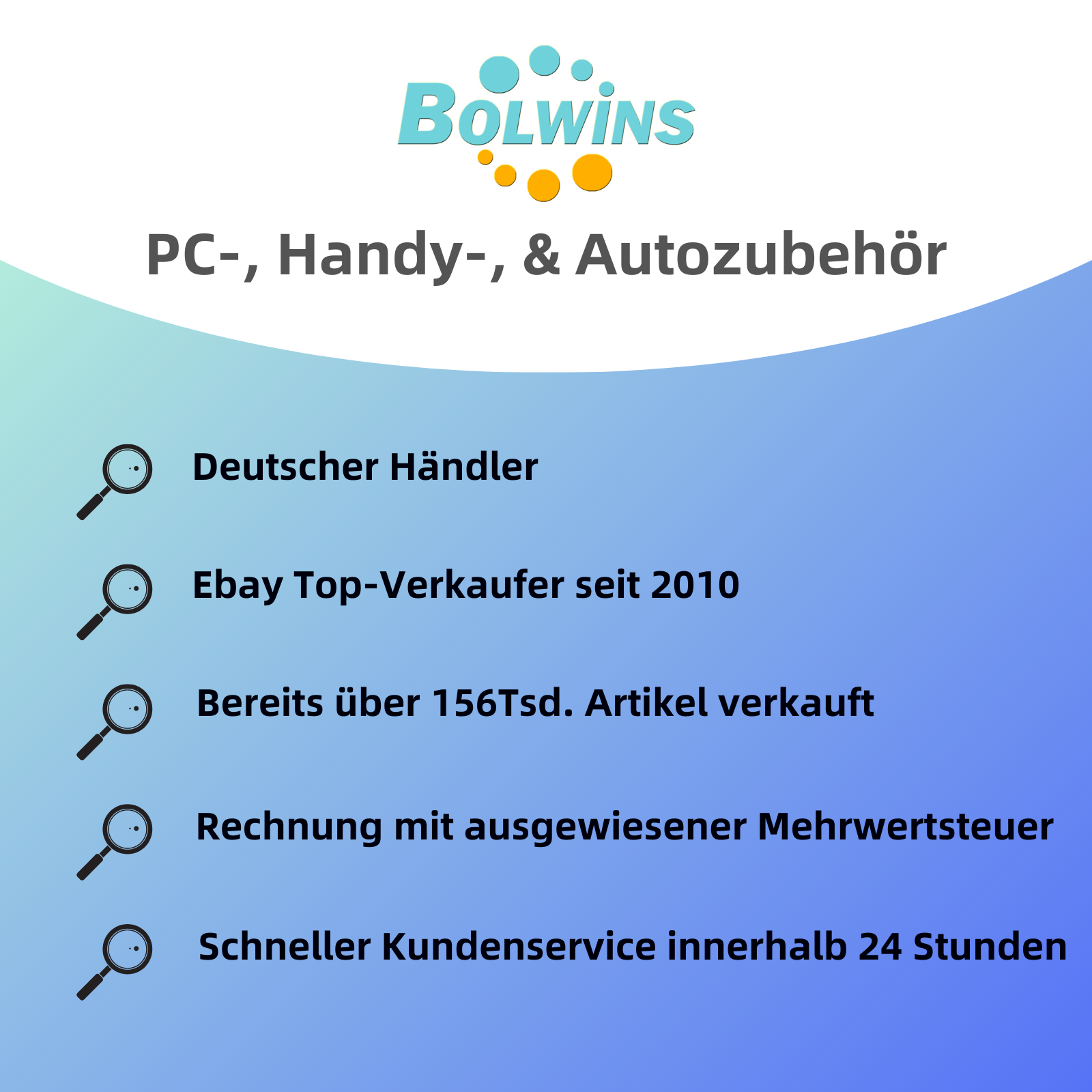 Das Bild zeigt eine weiß-blaue Grafik mit Text über PC-, Handy- und Autozubehör.