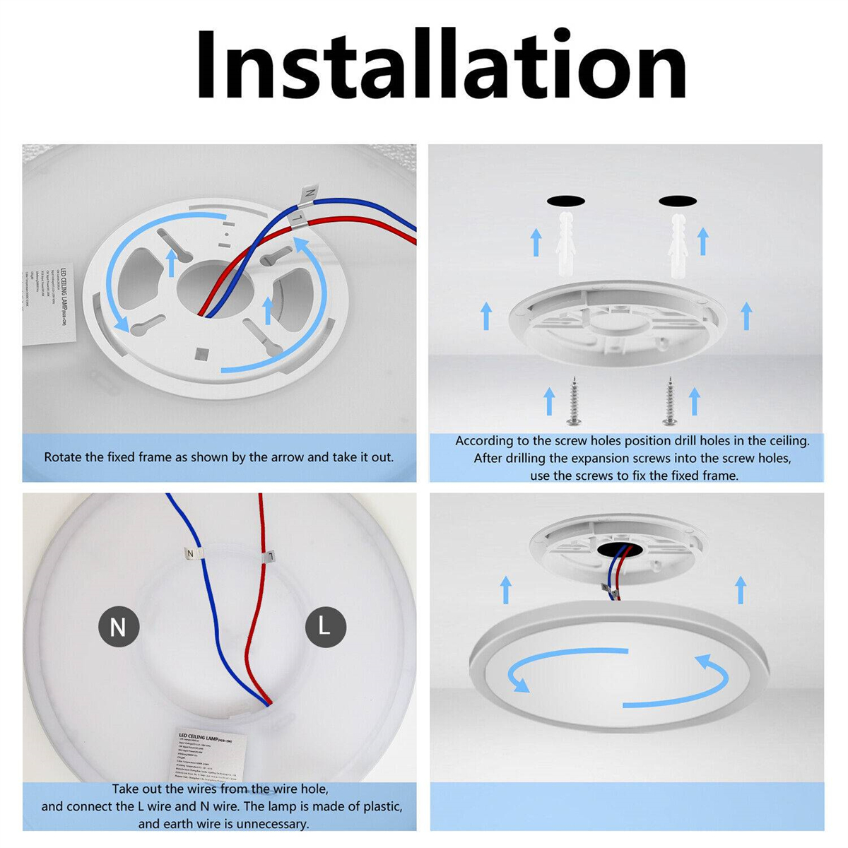 Installationsanleitung, Schritte mit Diagrammen für eine Deckenleuchte. Weiße und blaue Drähte.