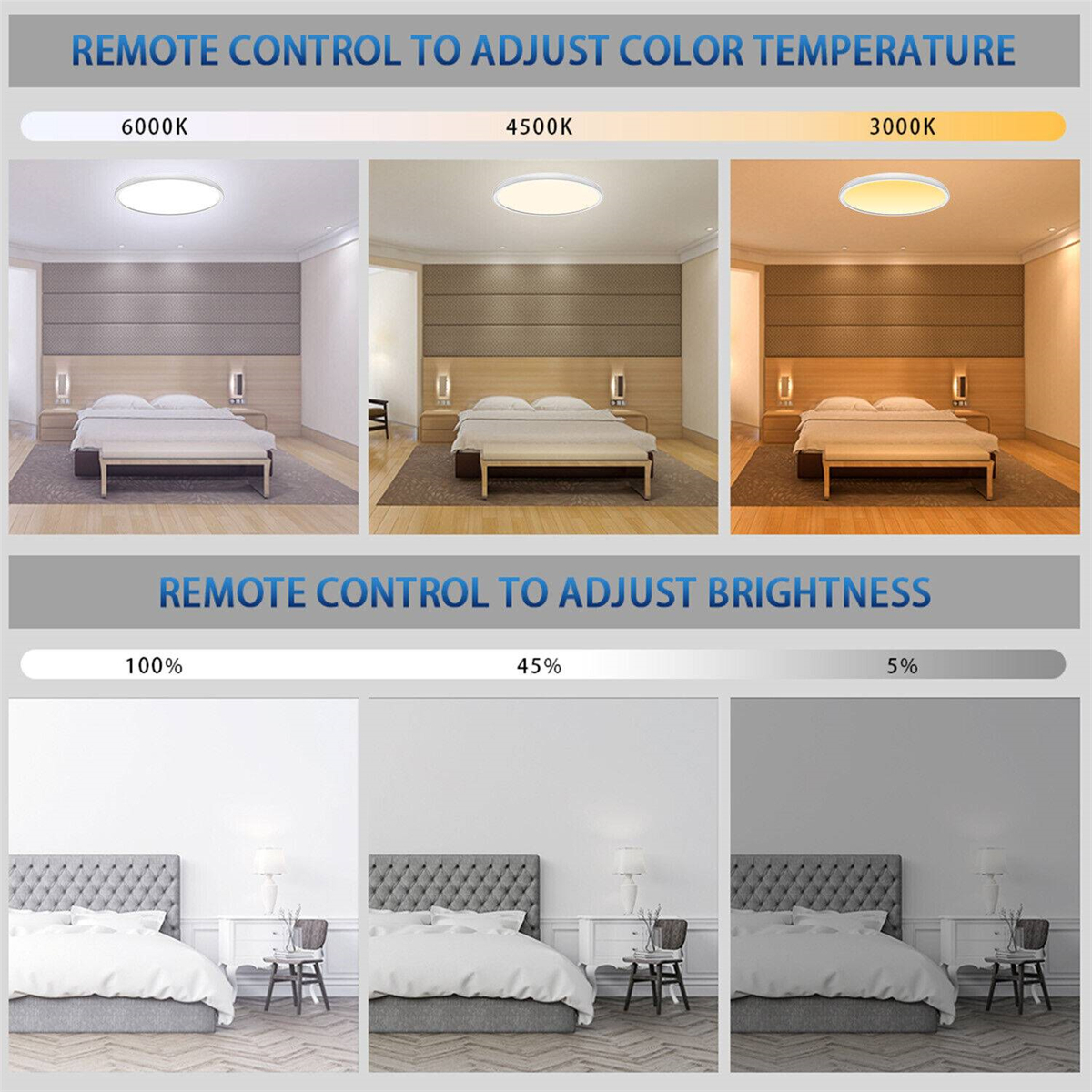 Drei Schlafzimmer mit unterschiedlichen Helligkeits- und Farbtemperatureinstellungen. Jede Einstellung wird gezeigt.