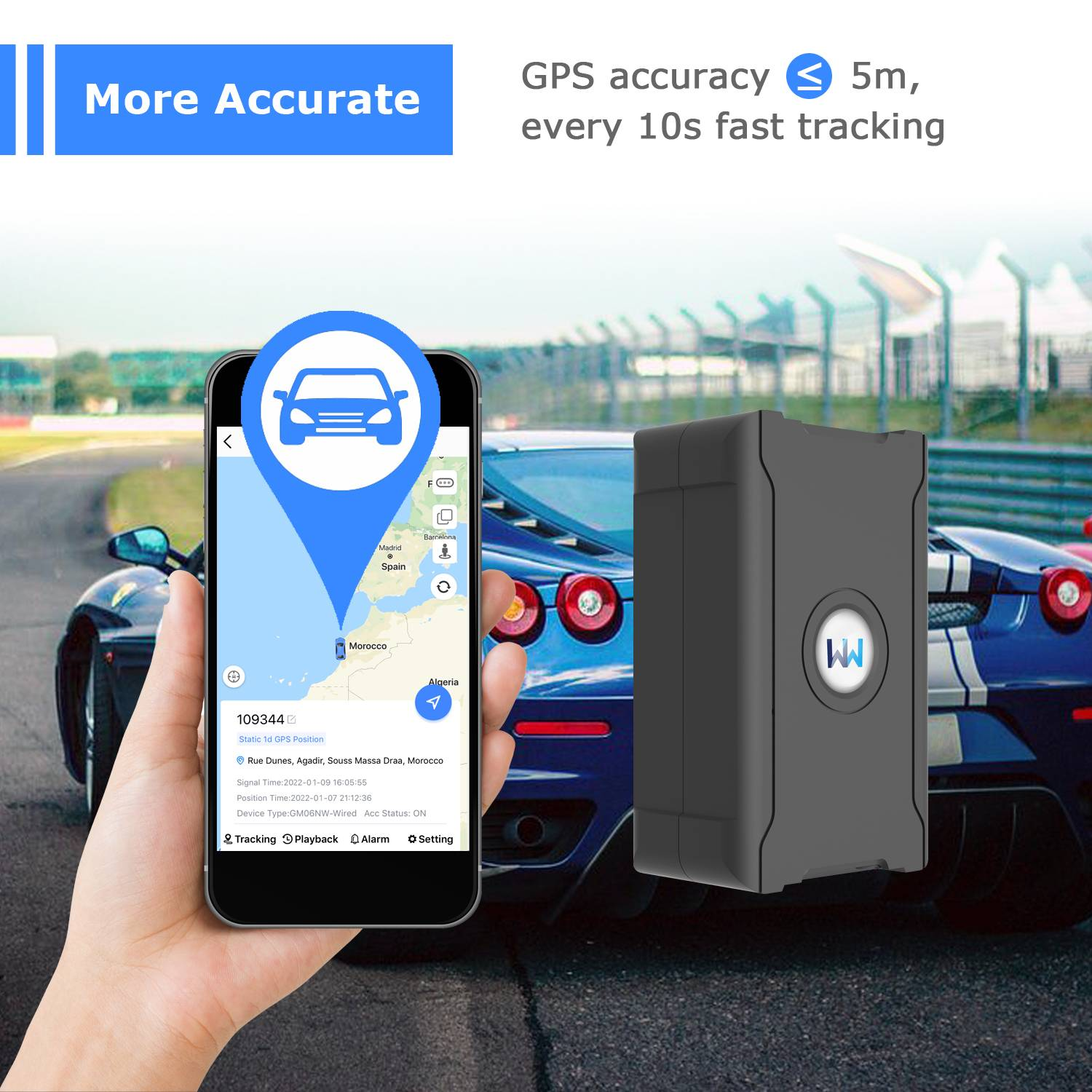Hand, die Telefon mit Auto-Karte hält. GPS-Tracker im Hintergrund. Auto rechts. Text oben.