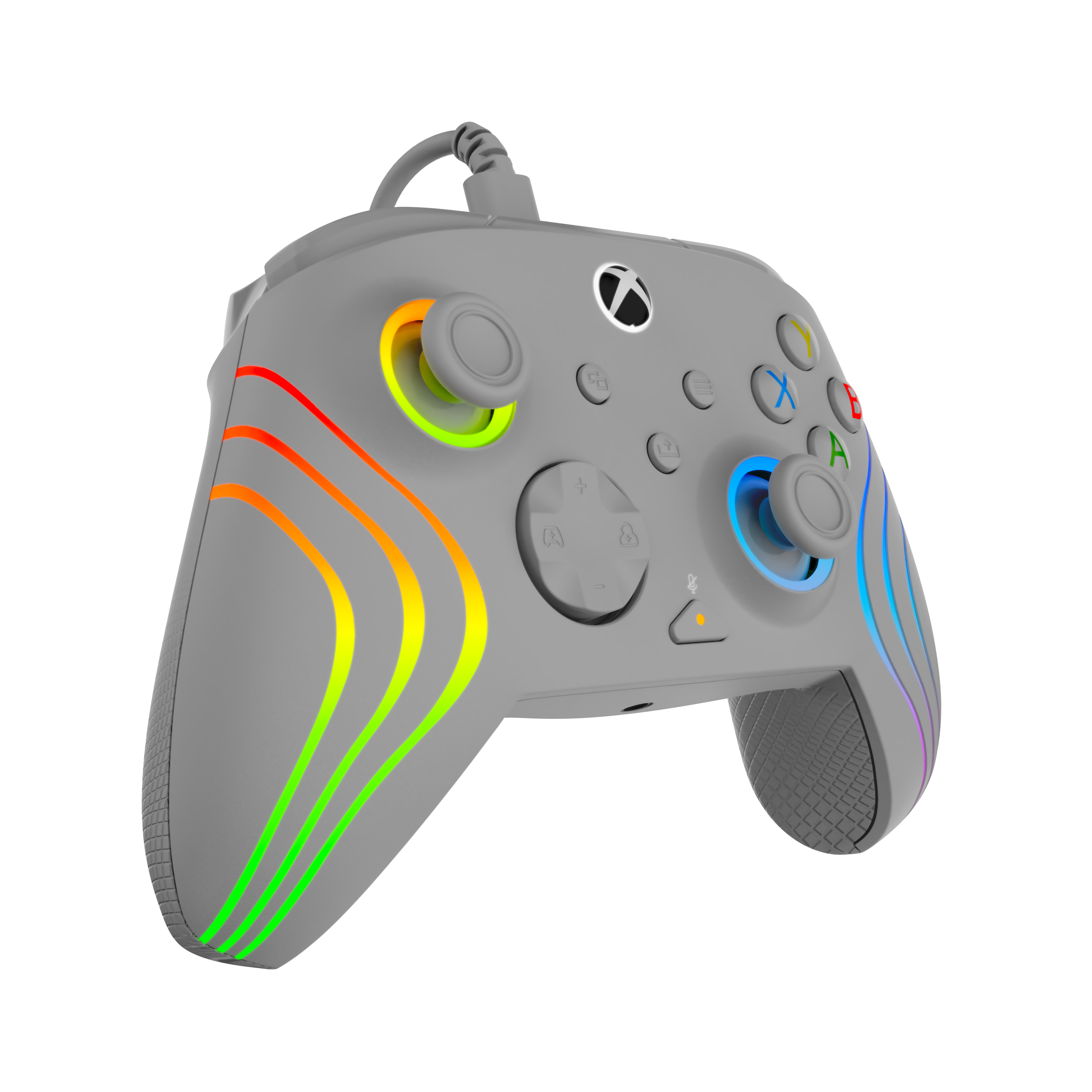 Szary kontroler Xbox z tęczowymi paskami i przyciskami na czarnym tle.