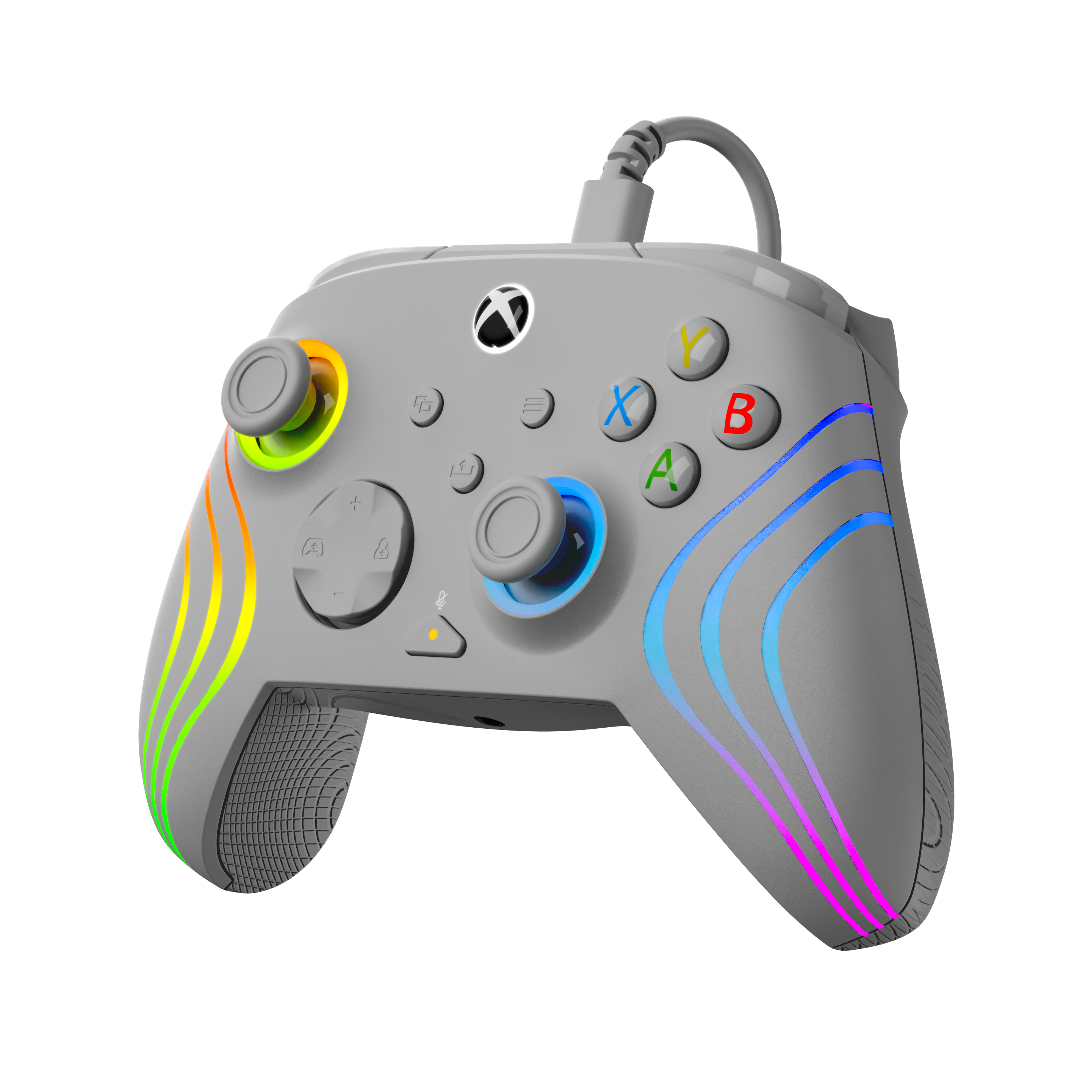 Szary kontroler Xbox z tęczowymi światłami po bokach. Przyciski są oznaczone kolorami.