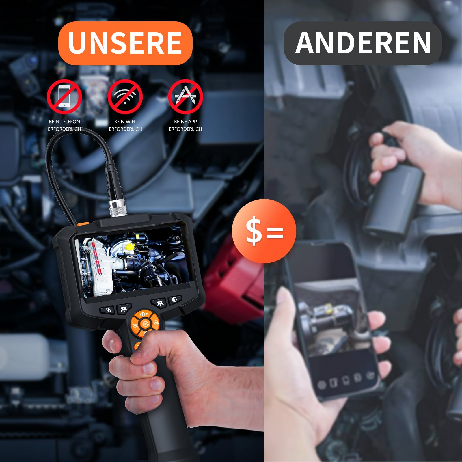 Endoskop zeigt Motor. Rechts: Hand mit Telefon zeigt Motor. Text: Unsere vs. Anderen.