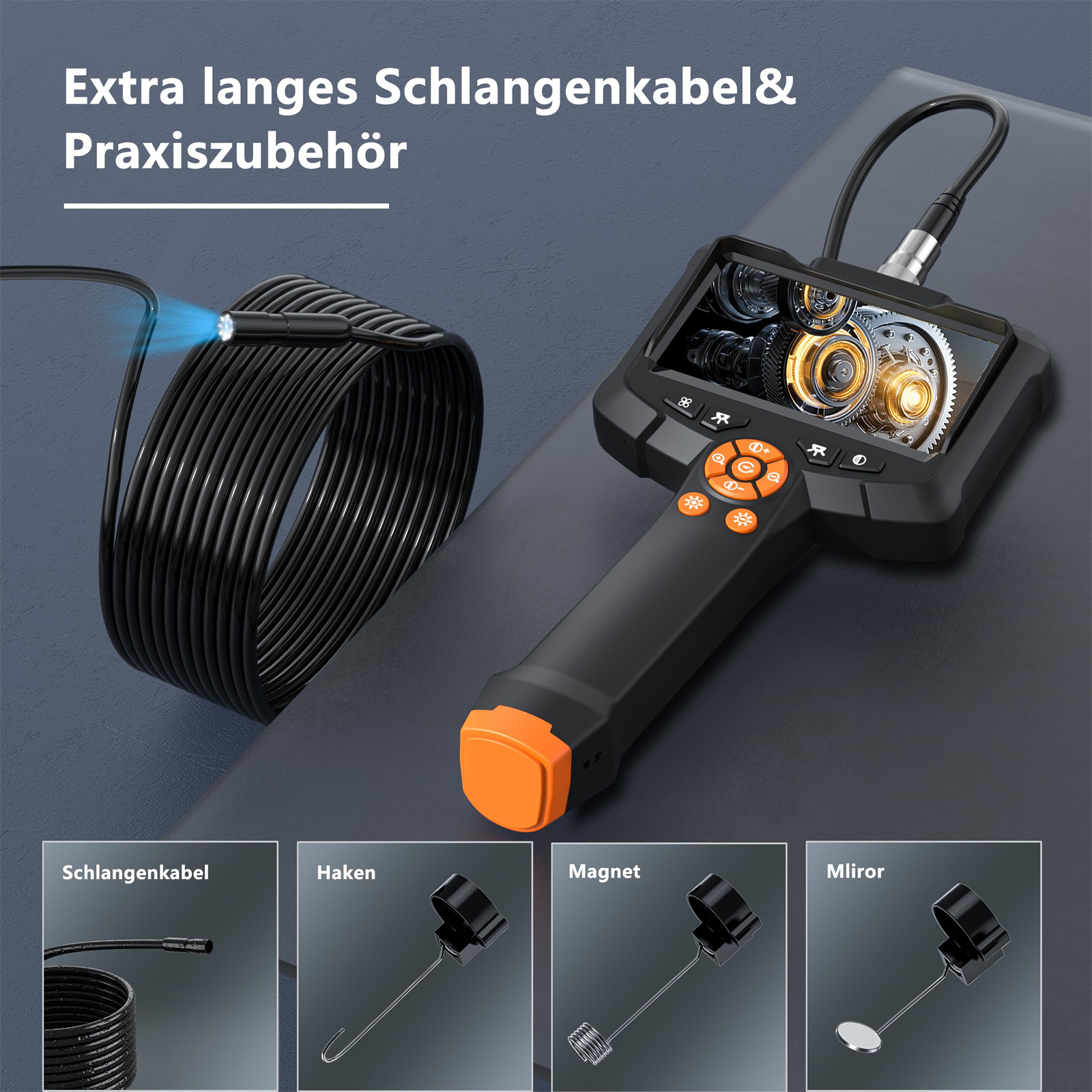 Endoskop mit Bildschirm und Aufsätzen. Merkmale sind ein flexibles Rohr und verschiedene Werkzeuge.