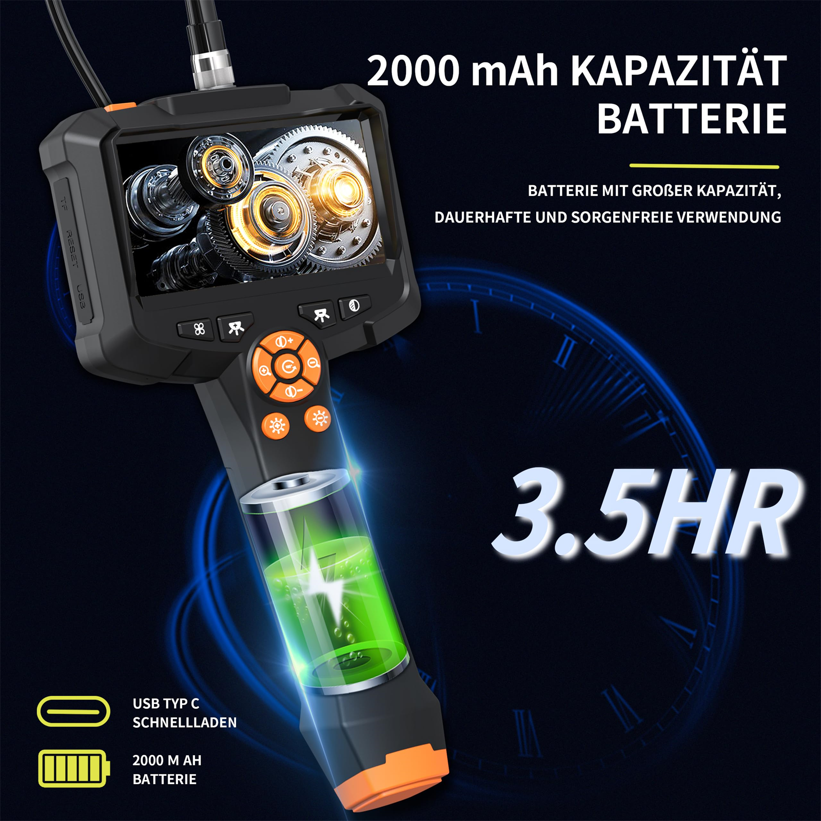 Inspektionskamera mit Bildschirm und Batterieinfo. Verfügt über einen USB Typ C-Anschluss.