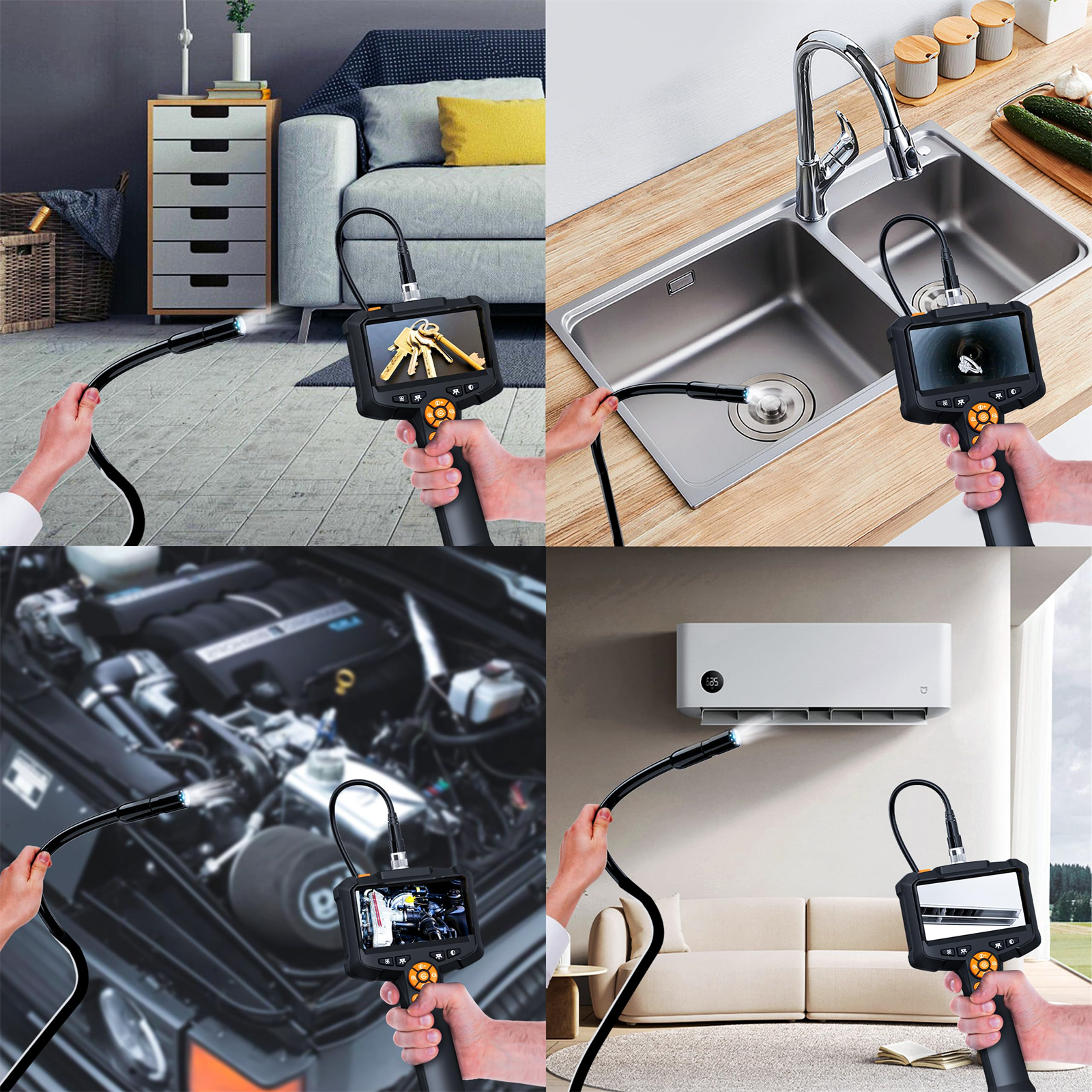 Ein Multi-Bild zeigt die Verwendung von Inspektionsgeräten in verschiedenen Szenarien wie Waschbecken, Auto und Klimaanlage.