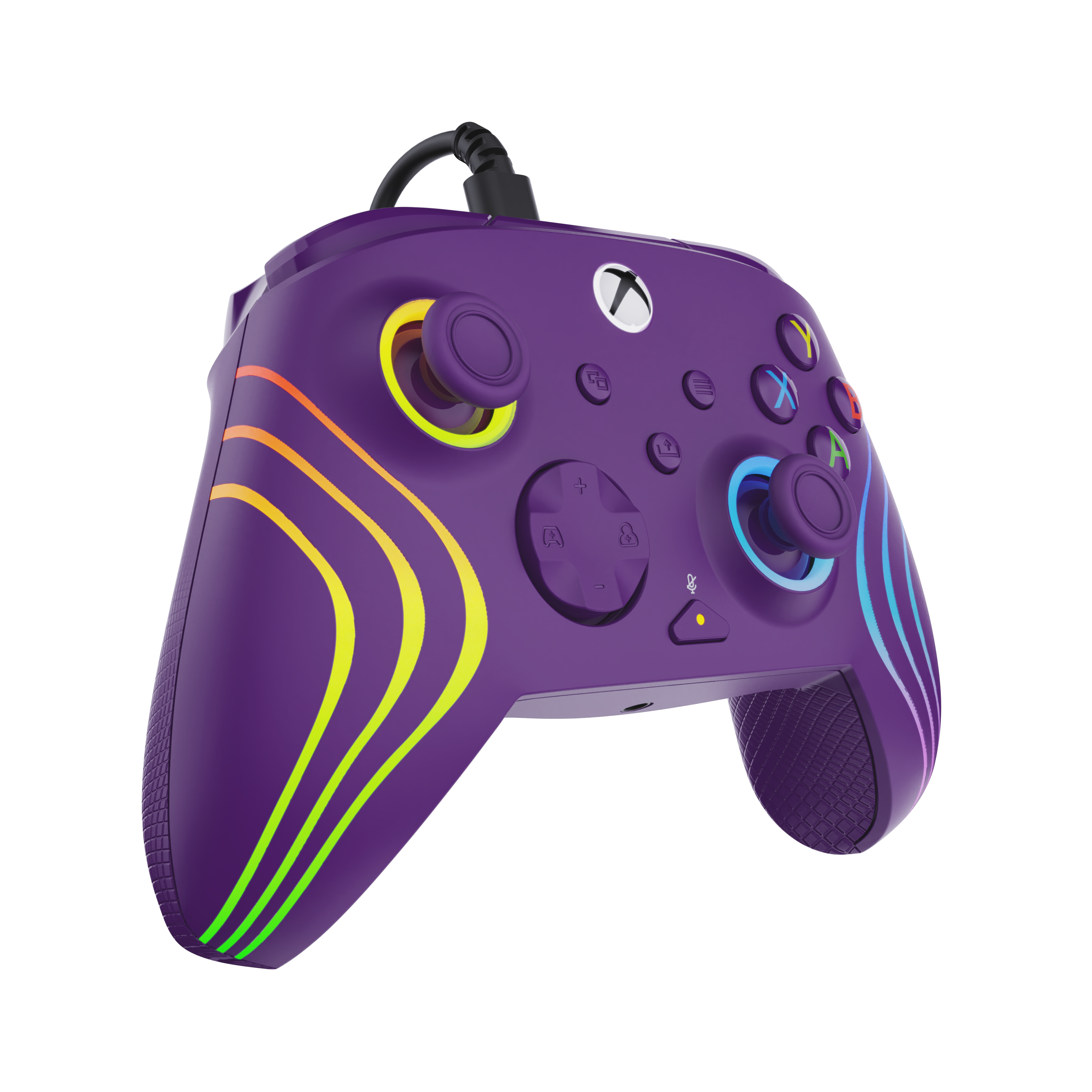 Fioletowy kontroler Xbox z kolorowymi liniami, przyciskami i joystickami. Czarne tło.