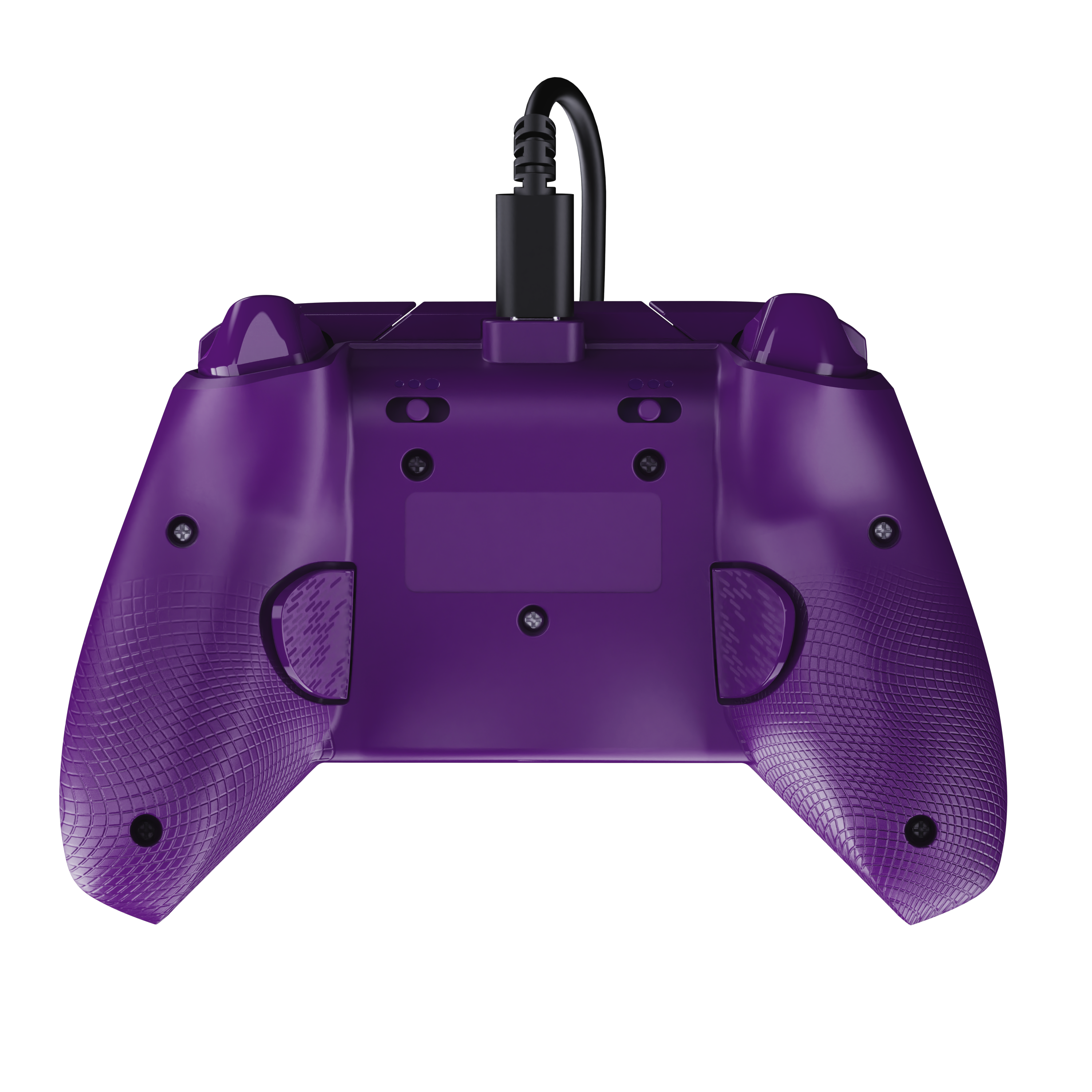 Widok z tyłu fioletowego kontrolera do gier z podłączonym kablem.