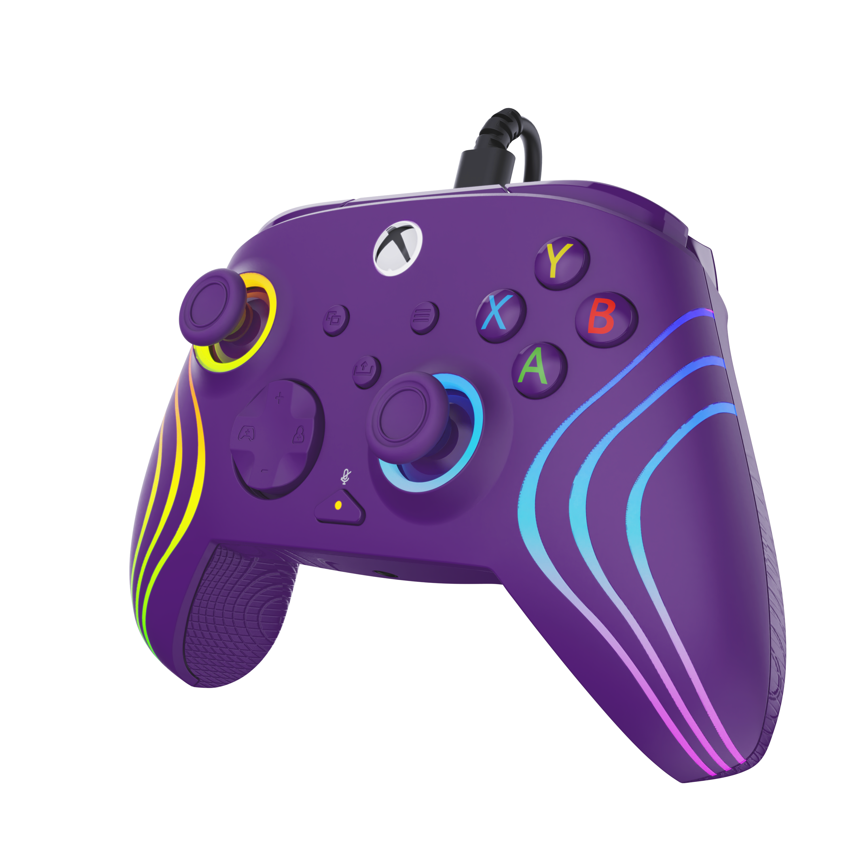 Fioletowy kontroler Xbox z kolorowymi przyciskami i paskami światła.