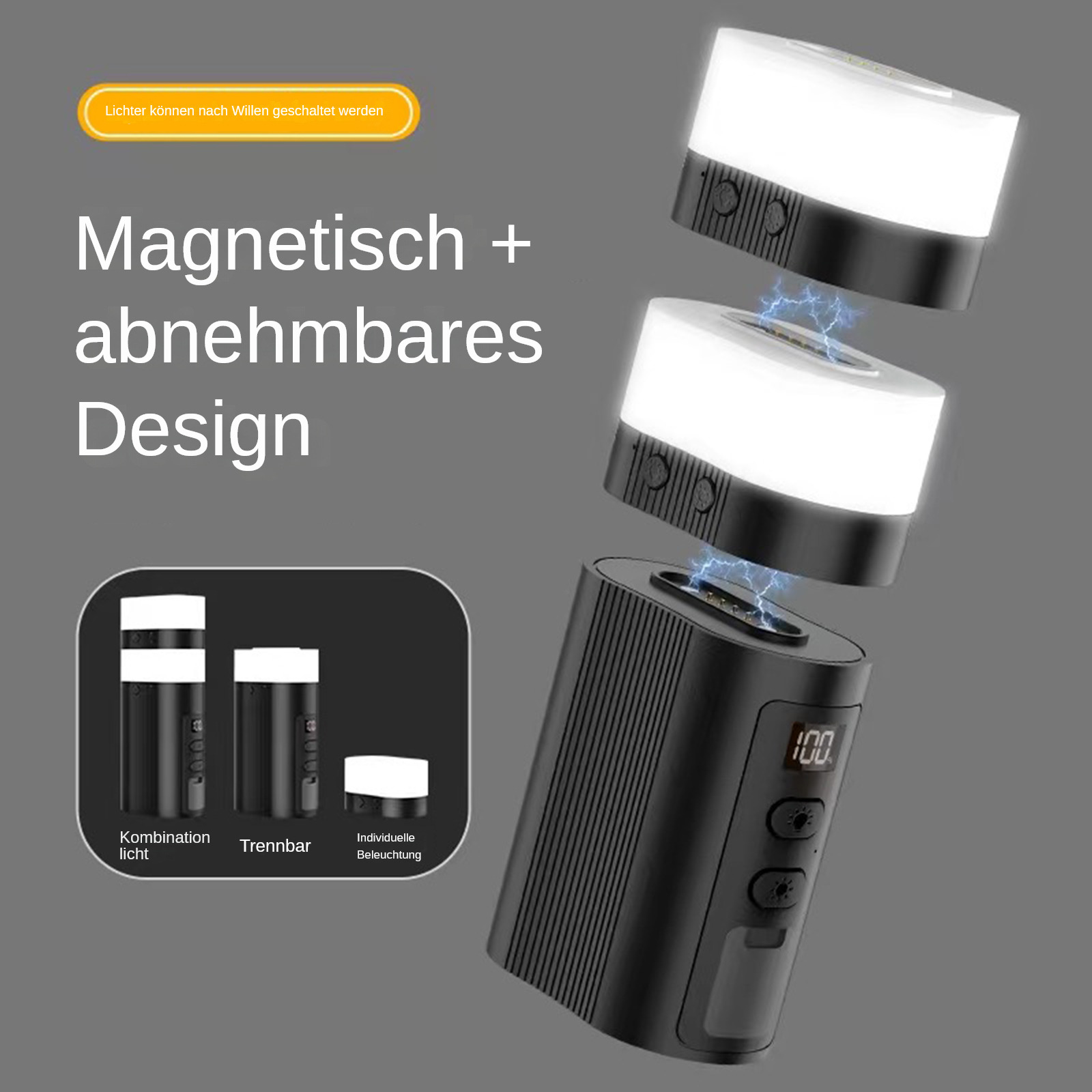 Leuchten mit magnetischem und abnehmbarem Design, zusammen mit einer Ladestation mit Display.