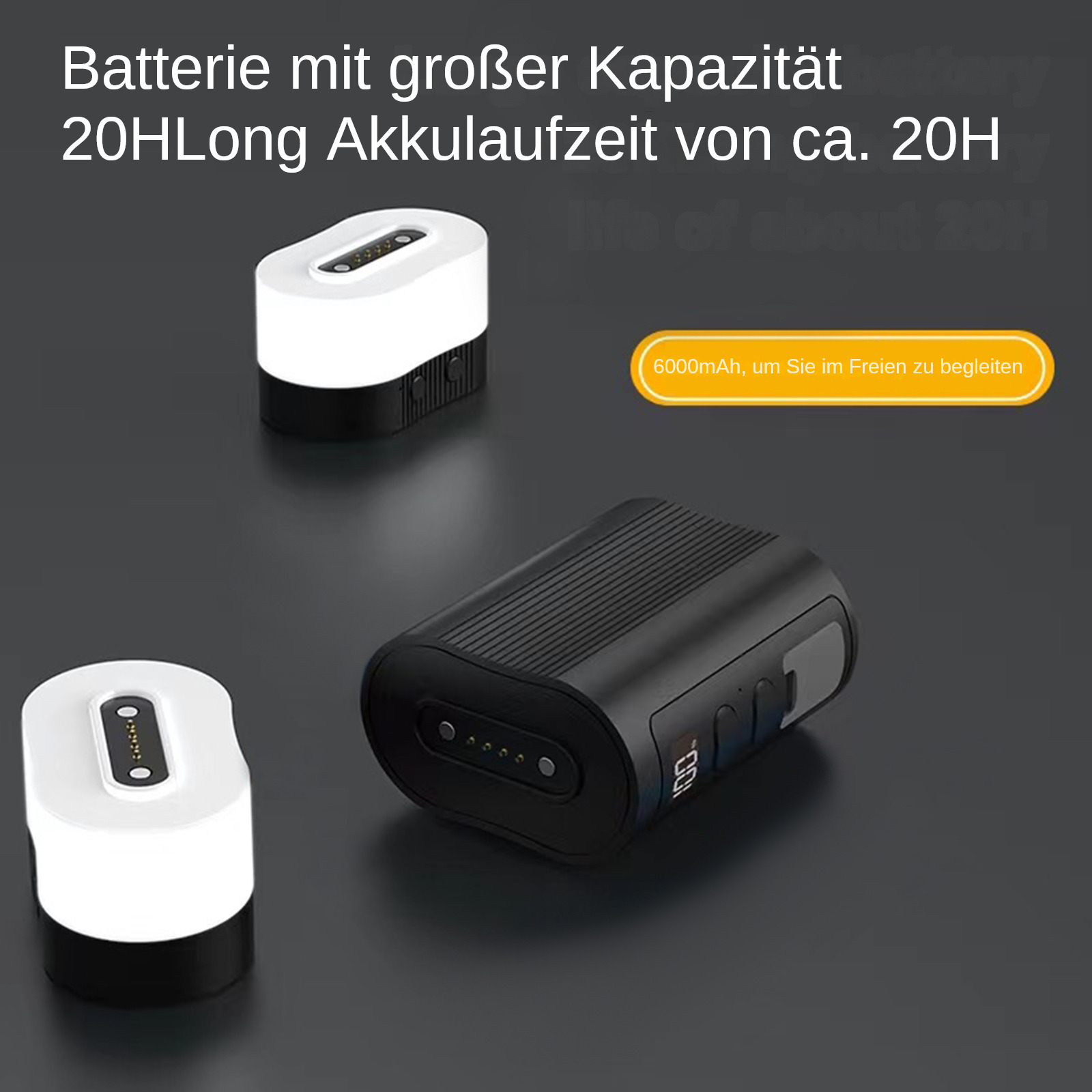 Drei Powerbanks; weiß, schwarz mit Text: 20H lange Akkulaufzeit.