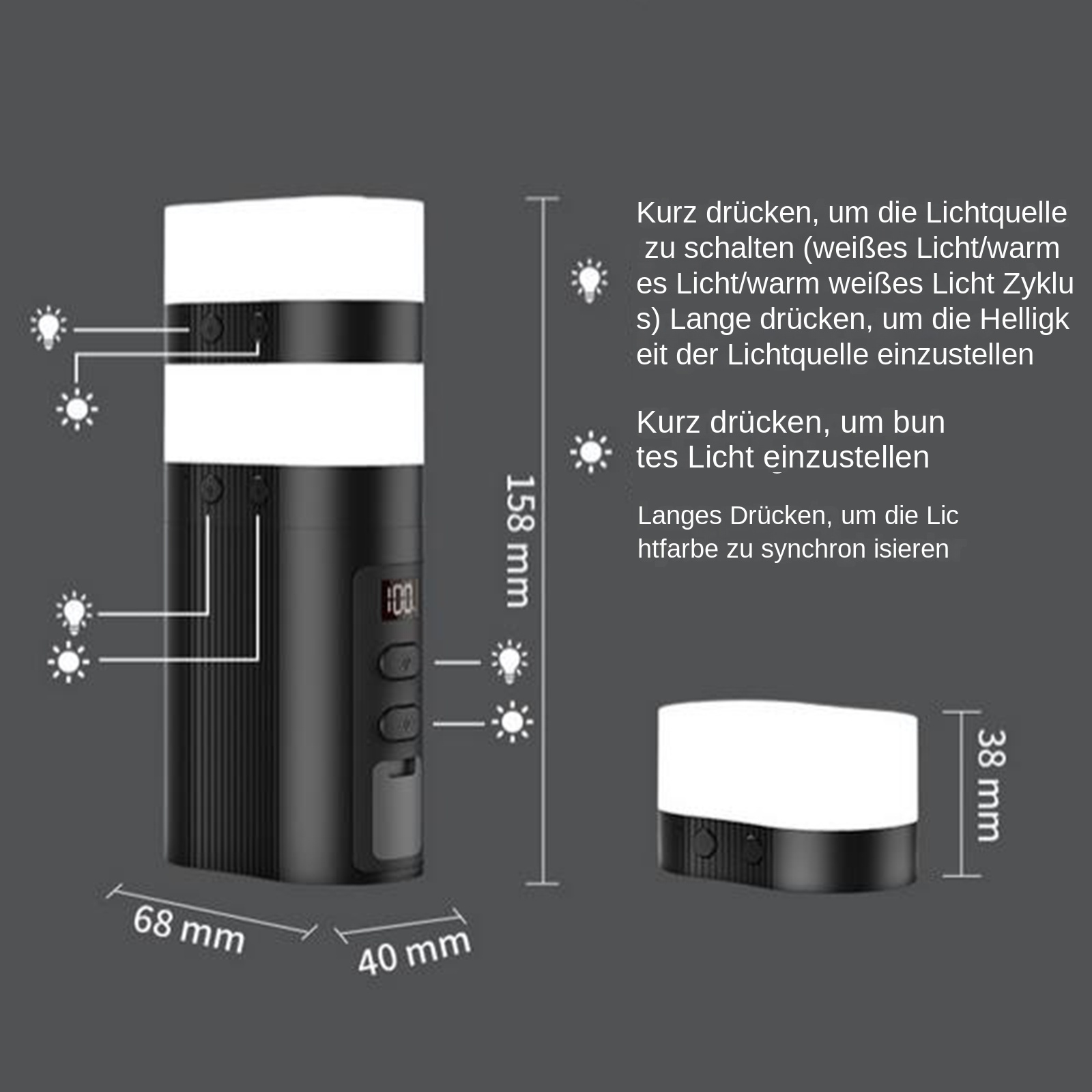 Schwarze und weiße Taschenlampe mit Abmessungen und Anweisungen auf weißem Hintergrund.
