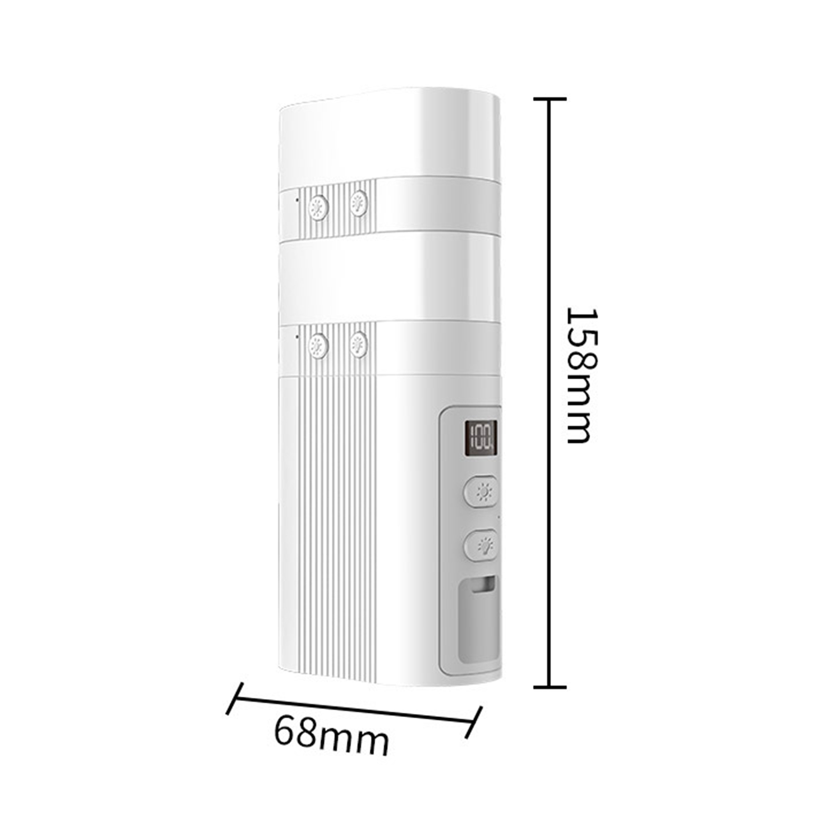 Weißes, zylindrisches Gerät mit den Maßen 158mm x 68mm, verschiedene Tasten.