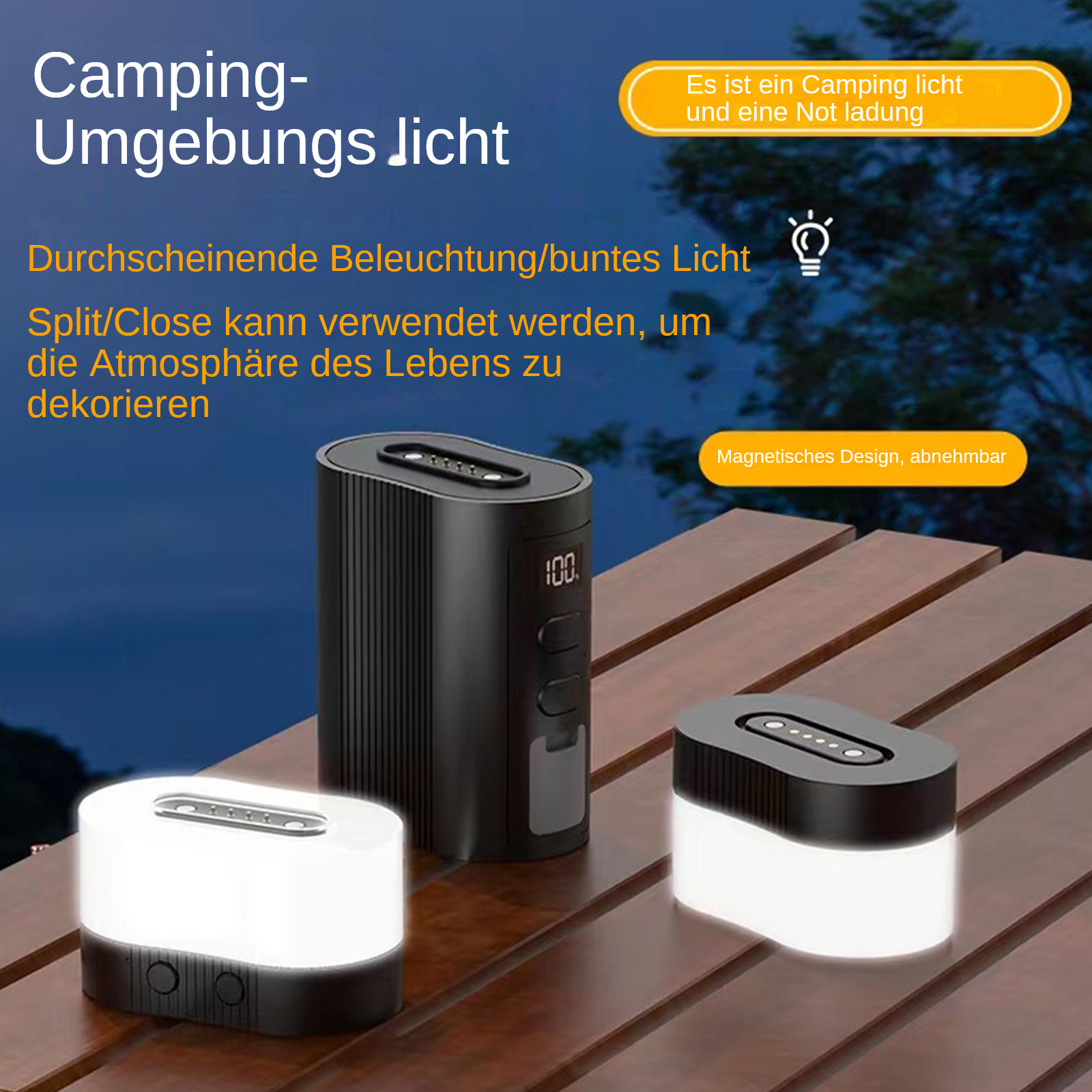 Drei schwarze Campinglichter auf einem Holztisch. Eines ist zylindrisch und zwei rechteckig. Der Hintergrund ist unscharf.