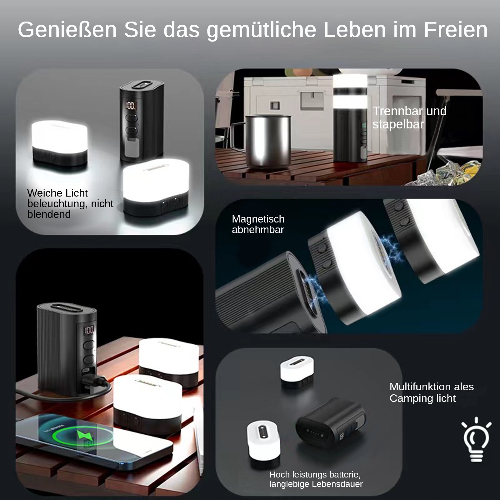 Mehrere Lichter und ein Telefon. Text kennzeichnet die Lichter als dimmbar und tragbar.