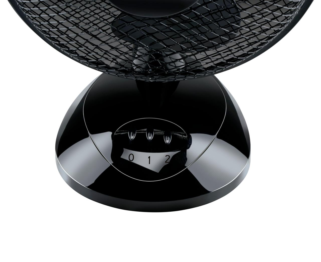 Base de ventilateur de bureau noire avec réglages de vitesse 0, 1, 2 et une armature métallique.