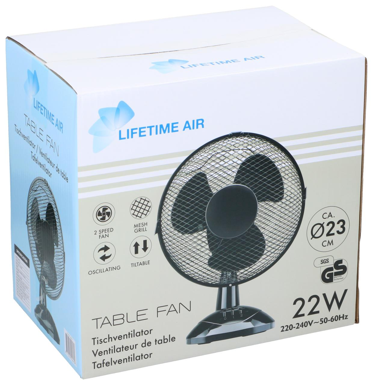Ventilateur de table dans une boîte, avec détails. Le ventilateur est noir et possède une grille.
