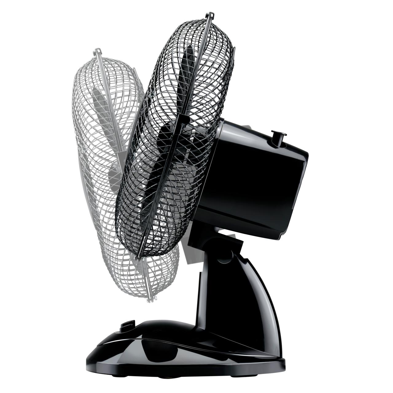 Ventilateur oscillant noir avec cage, incliné sur le côté, isolé sur fond blanc.