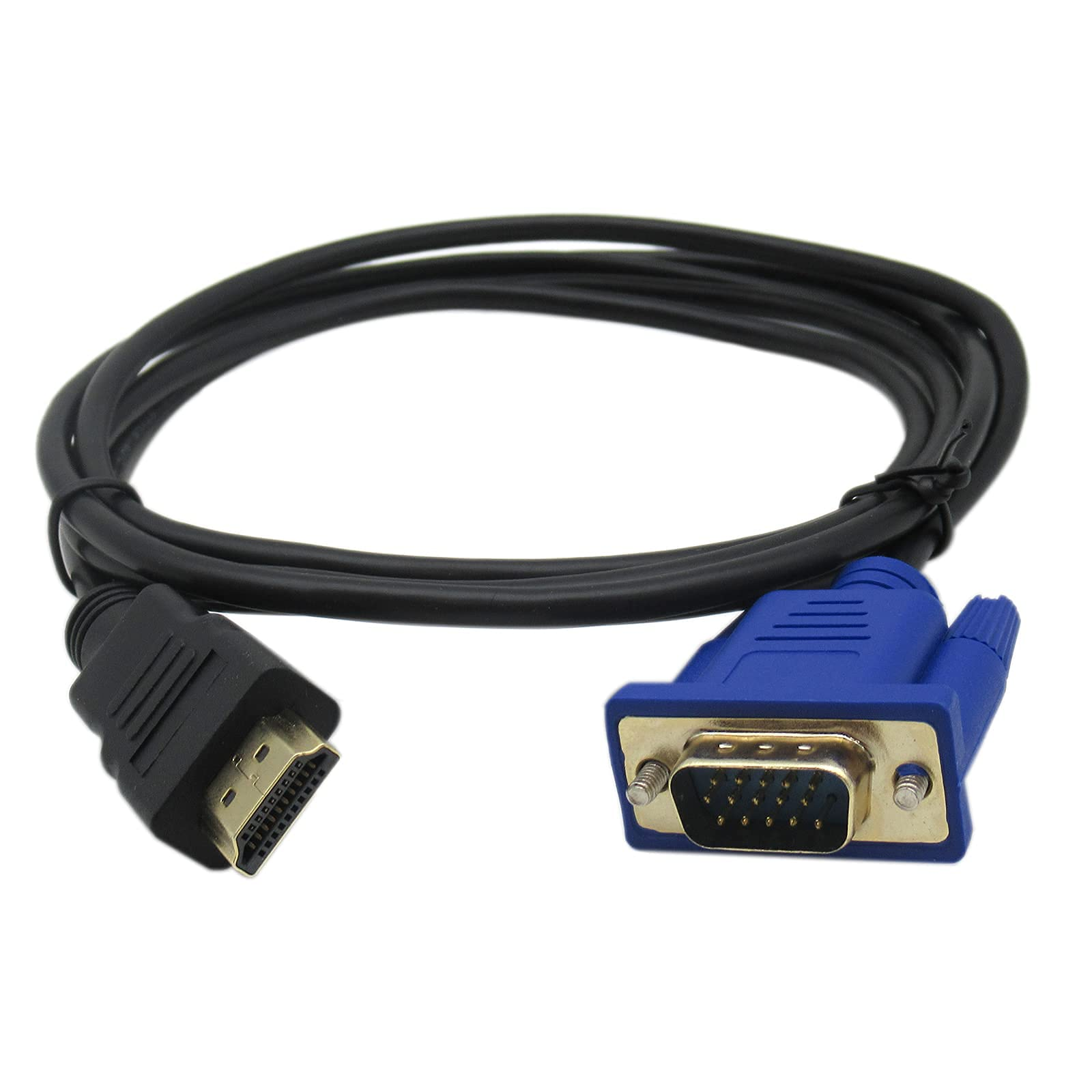 HDMI-zu-VGA-Kabel. Der HDMI-Anschluss ist schwarz, der VGA-Anschluss blau.