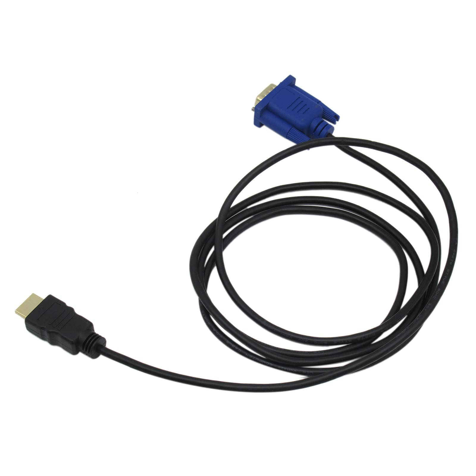 Schwarz-blaues VGA-zu-HDMI-Kabel. Das Kabel ist aufgerollt. Weißer Hintergrund.
