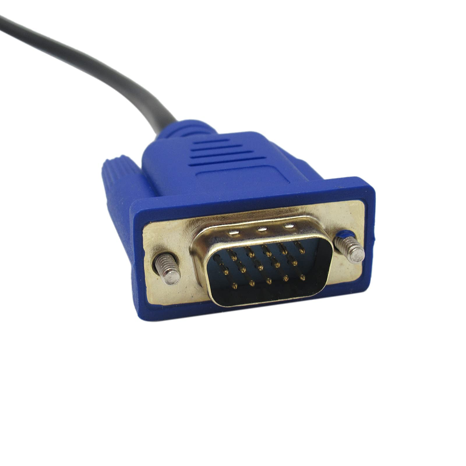 Blauer VGA-Kabelstecker mit Pins und schwarzem Kabel. Isoliert auf weißem Hintergrund.
