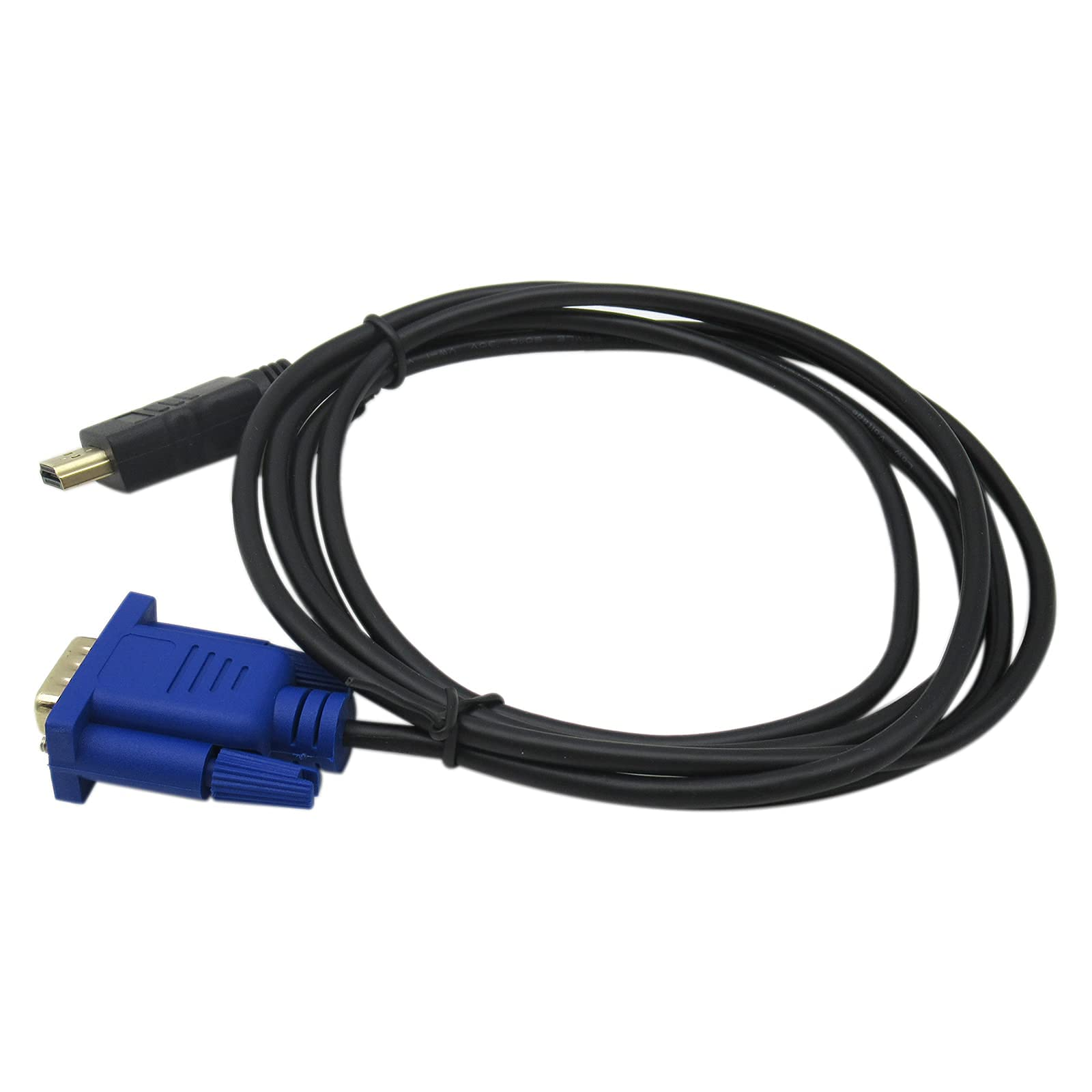 Ein schwarzes VGA-Kabel mit blauem Stecker und einem kleinen schwarzen Stecker auf weißem Hintergrund.