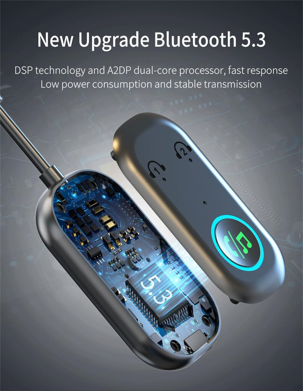 Ein grauer und schwarzer Bluetooth-Audioempfänger. Drähte und Leiterplatte sind sichtbar.