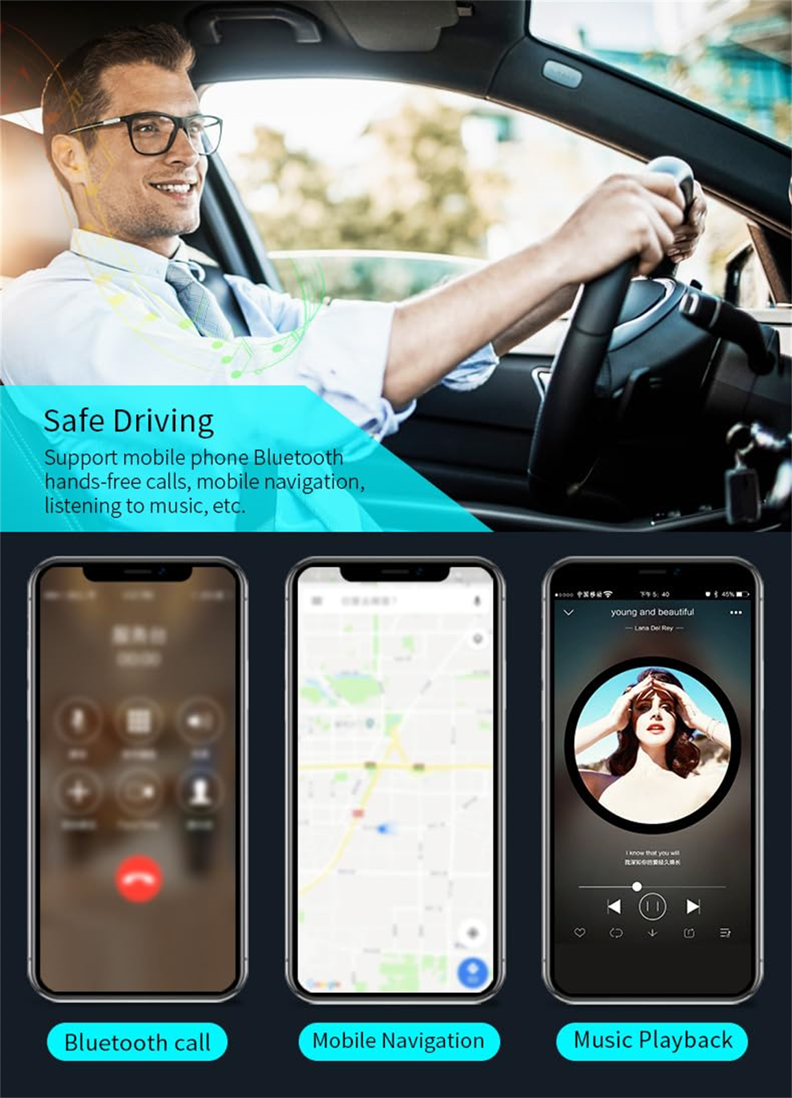 Mann fährt Auto; Telefon zeigt Bluetooth-Anruf, Karten-Navigation und Musikwiedergabe an.