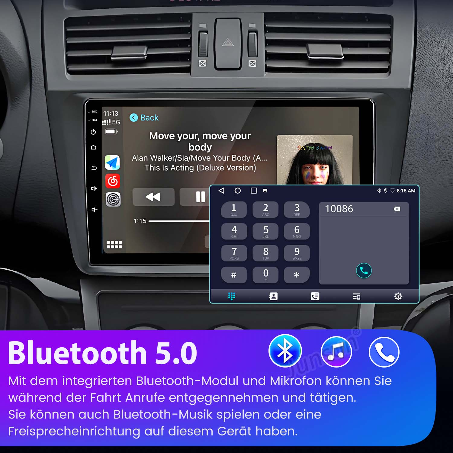 Autoradio-Schnittstelle mit Telefon-Schnittstelle. Telefon zeigt Musikplayer und Tastatur.