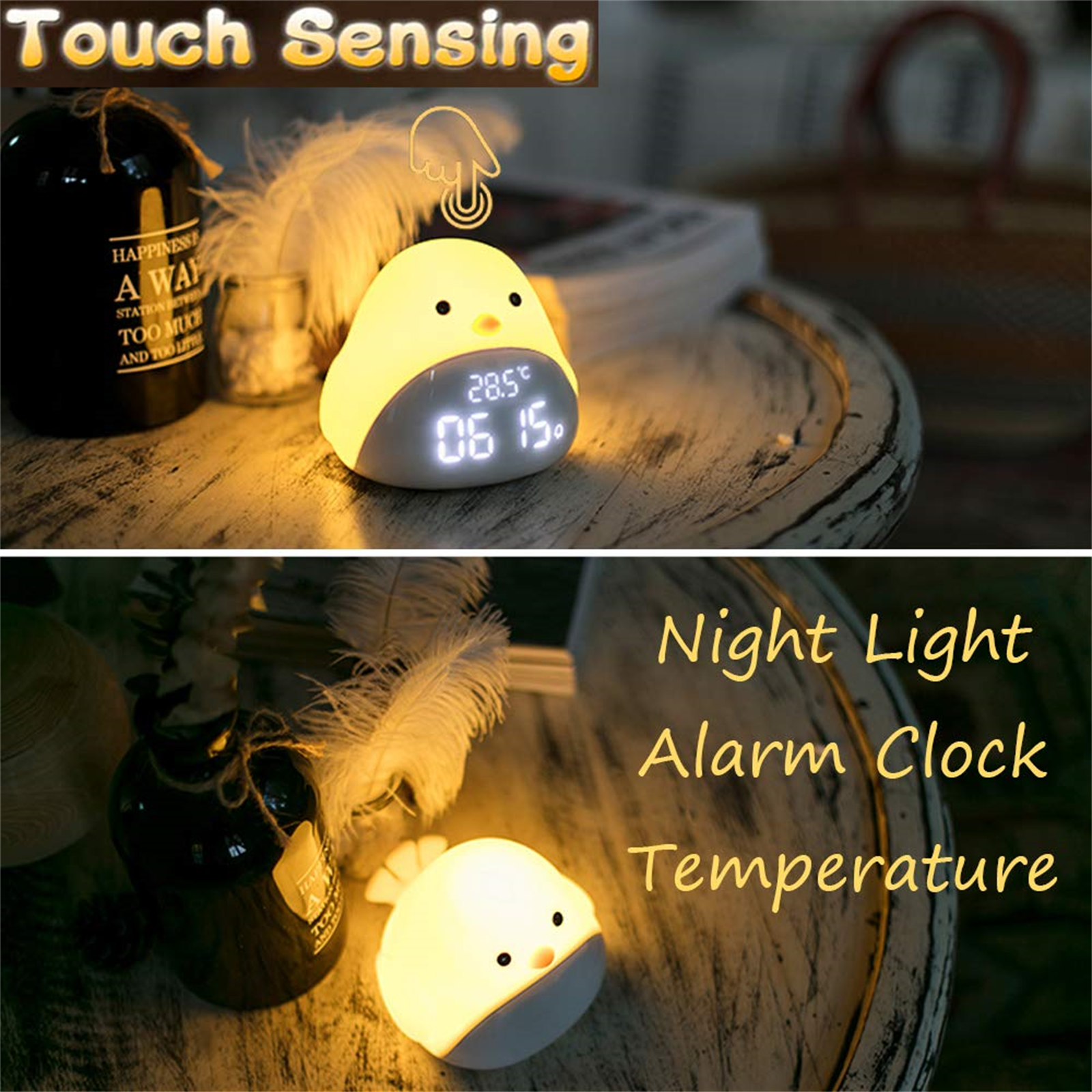 Ein kükenförmiges Nachtlicht mit Digitaluhr auf einem Holztisch.