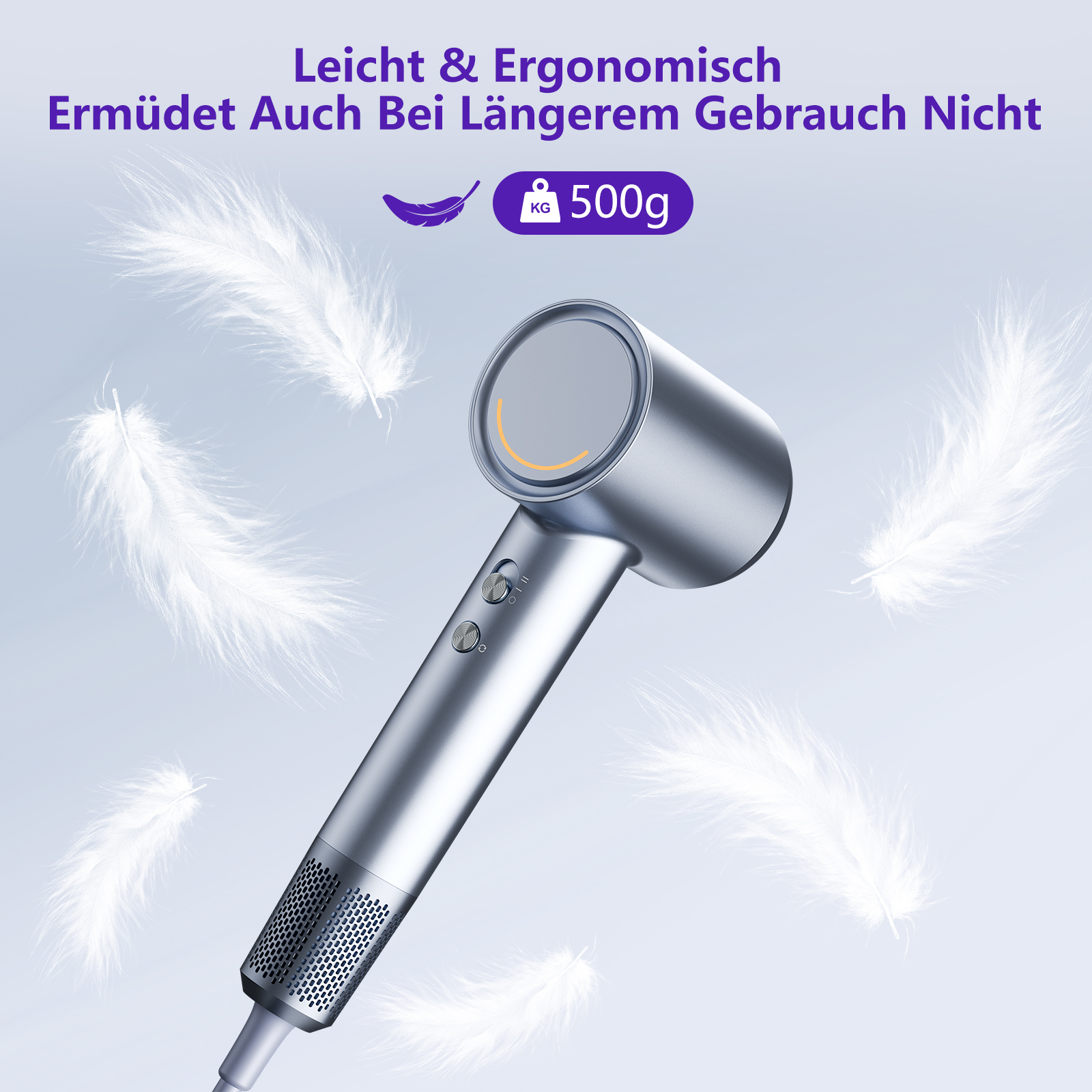 Ein silberner Fön mit weißen Federn. Text: 'Leicht & Ergonomisch' und '500g'.