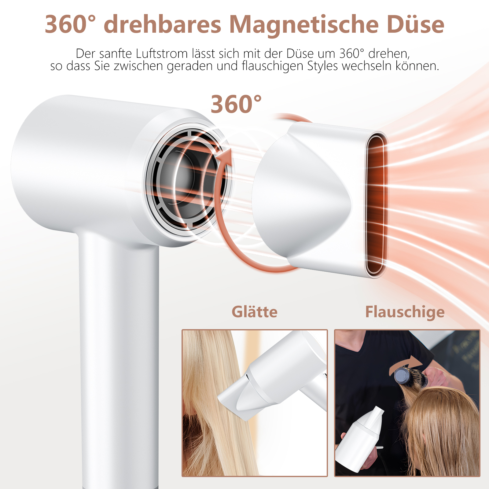 Weißer Haartrockner. Diagramm zeigt 360-Grad-Drehdüse. Bilder von Frisuren mit dem Trockner.