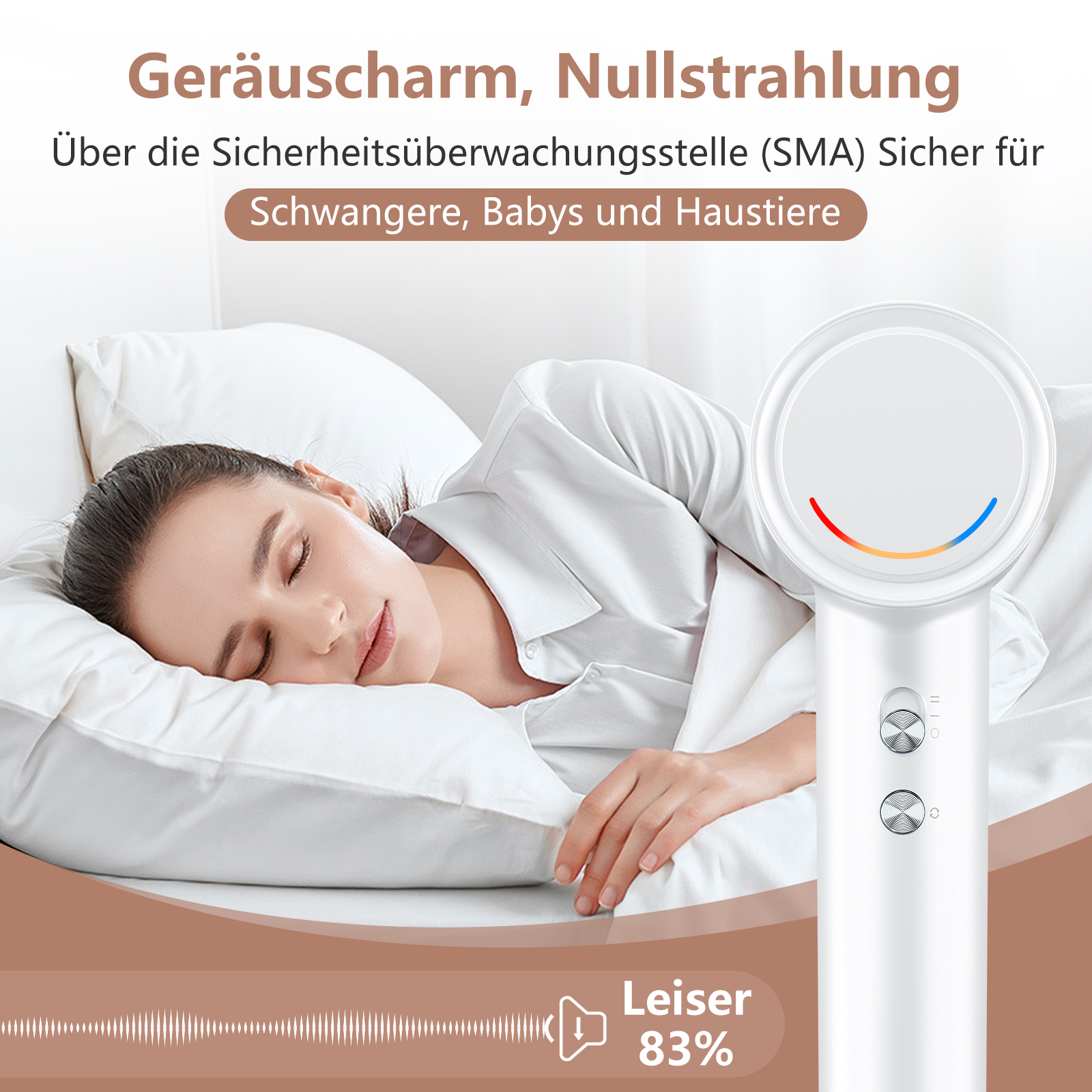 Frau schläft auf Kissen. Weiße Decke. Weißer Ventilator. Text auf Deutsch. Schallwelle.