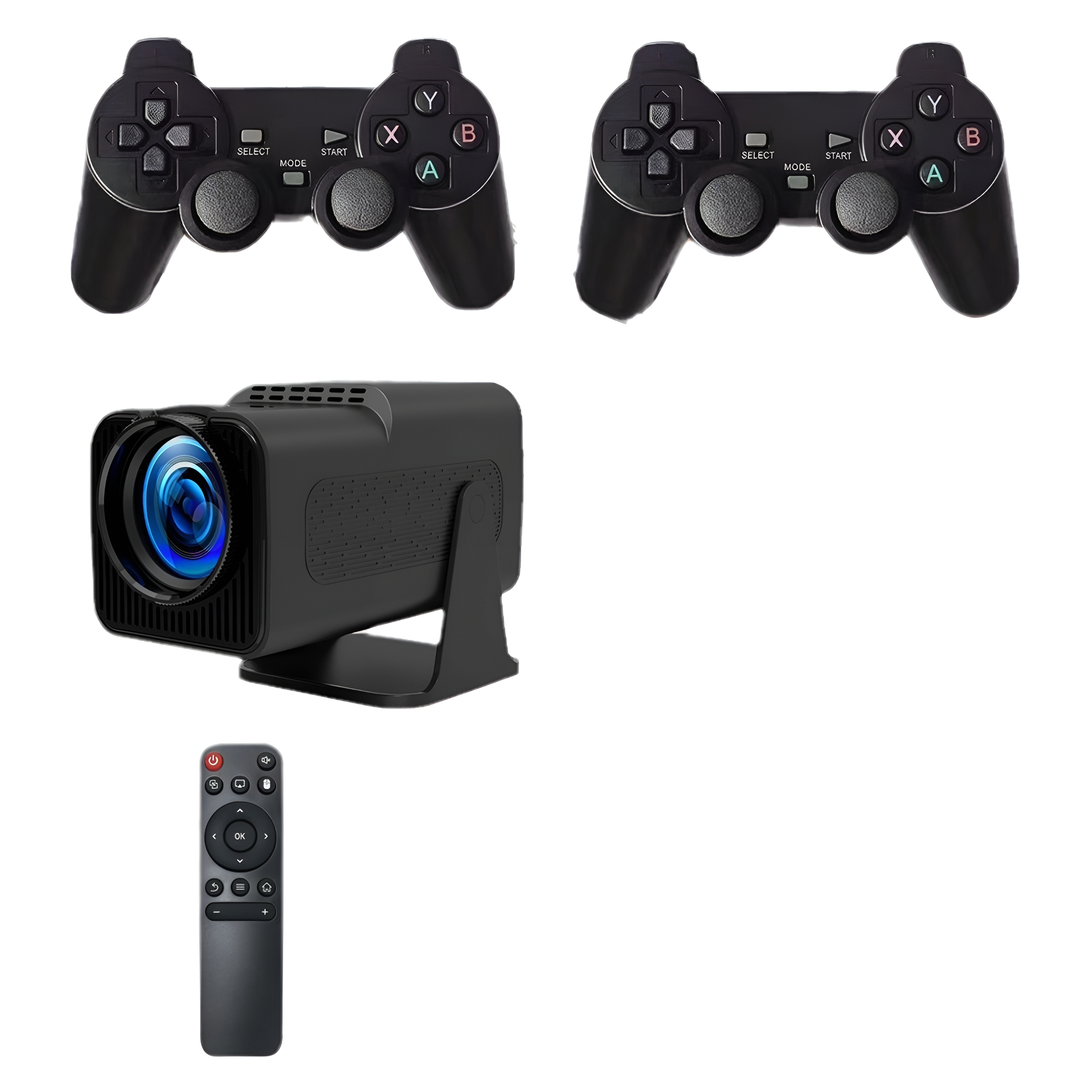 Schwarze Gamecontroller, ein Projektor und eine Fernbedienung, alles vor weißem Hintergrund.