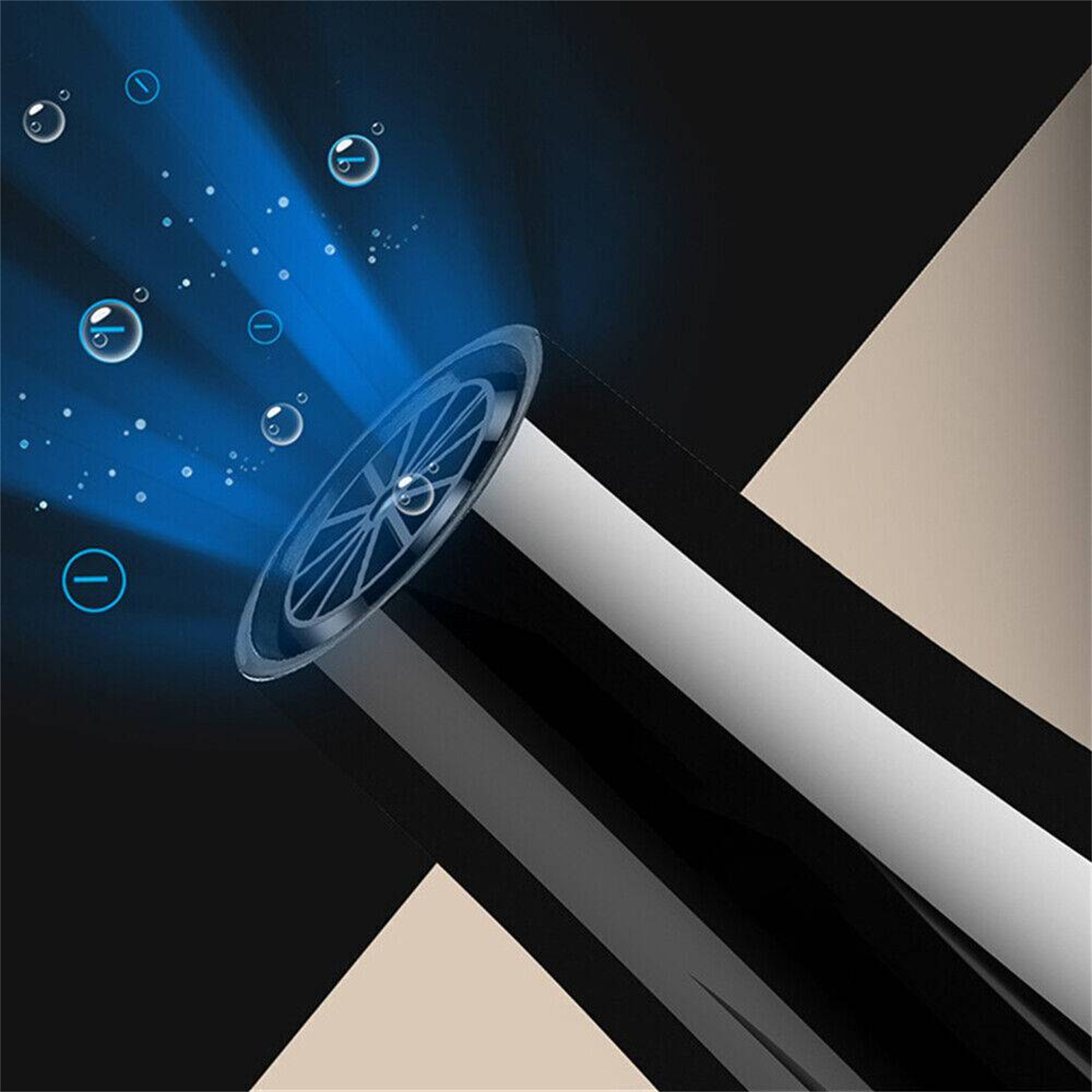 Ein schwarz-weißes abstraktes Design mit Wassertropfen. Hellblaue Wassertropfen im Hintergrund.